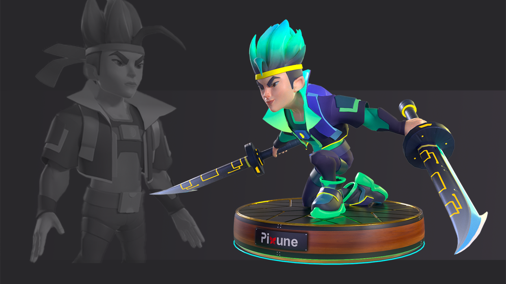 Stylized 3D game character modeling with two swords