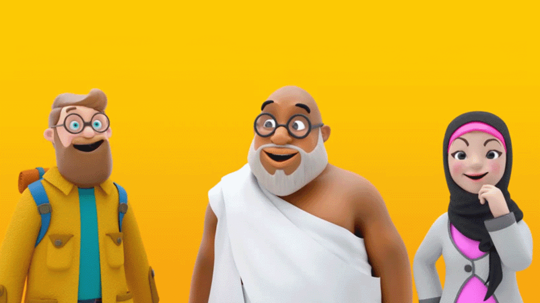 3 muslim character in a yellow background