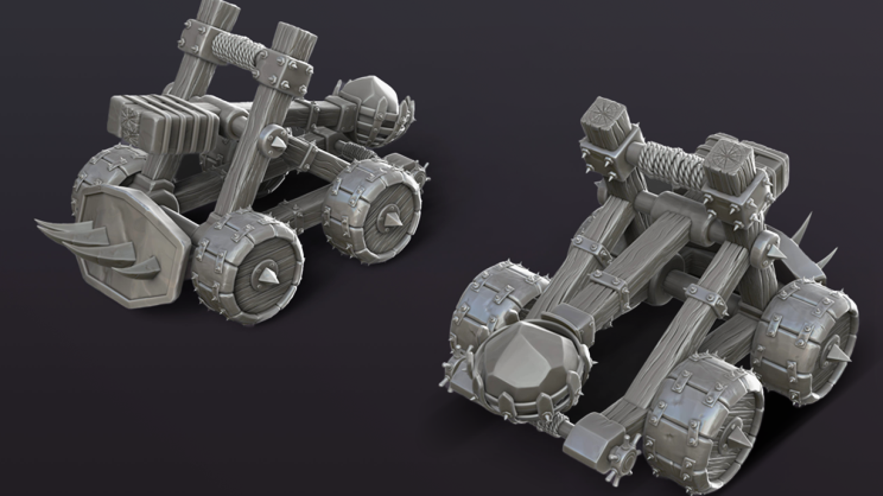 3D art - 3D Vehicle sculpting - 3D sculpting - 3D sculpt of a medieval-style catapult shown from two different angles