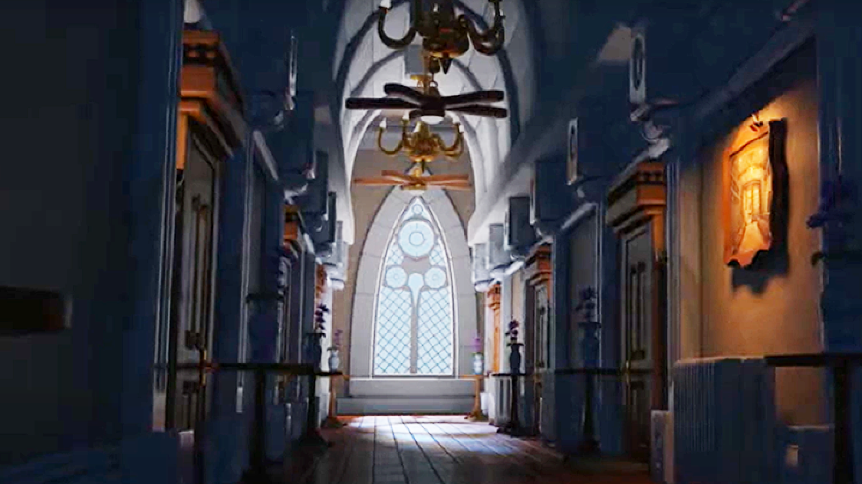 3D environment design - 3D environment modeling - "A dimly lit, medieval-style hallway with arched windows at the far end