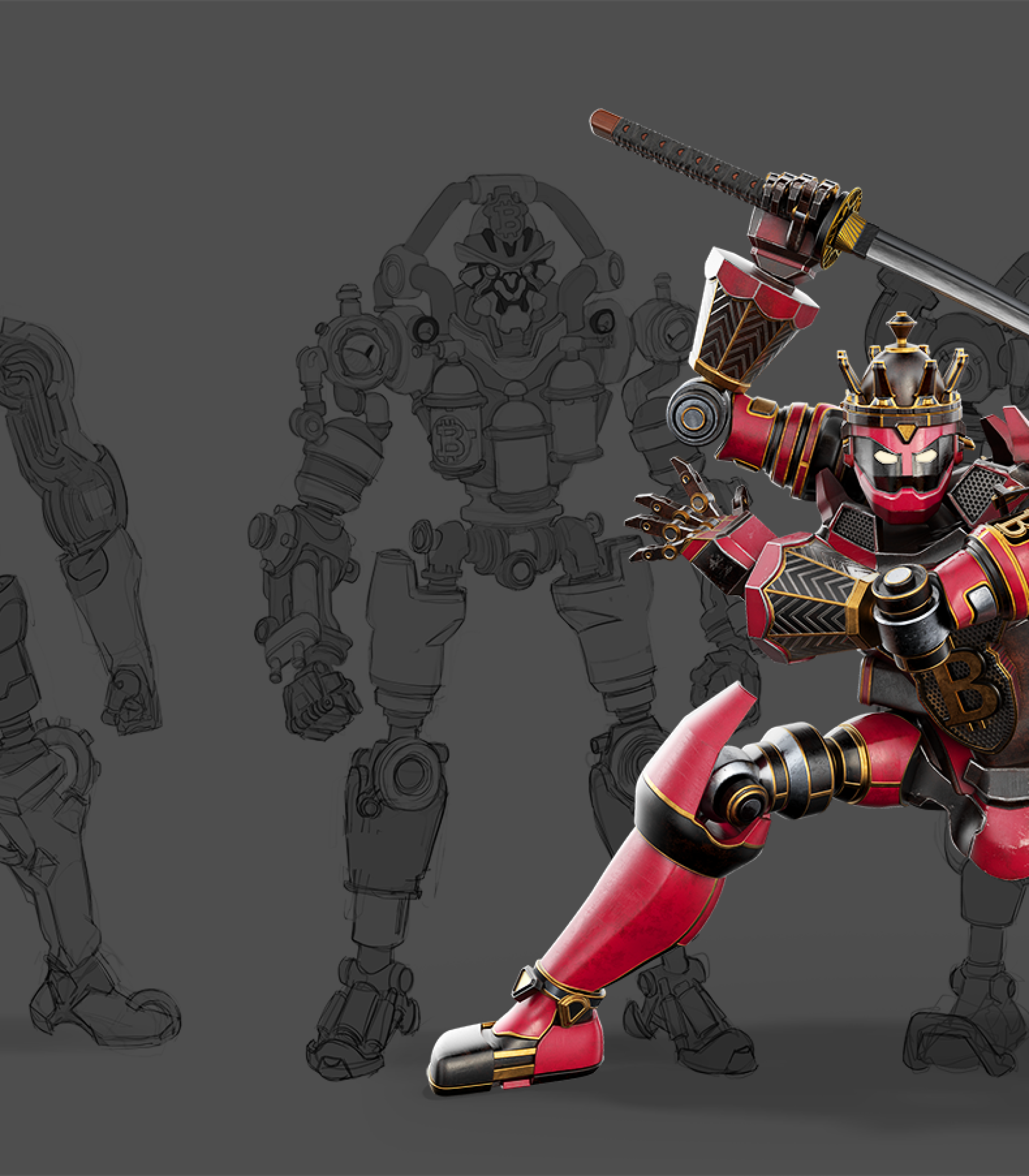 Robot concept art - a robotic character in red and gold armo