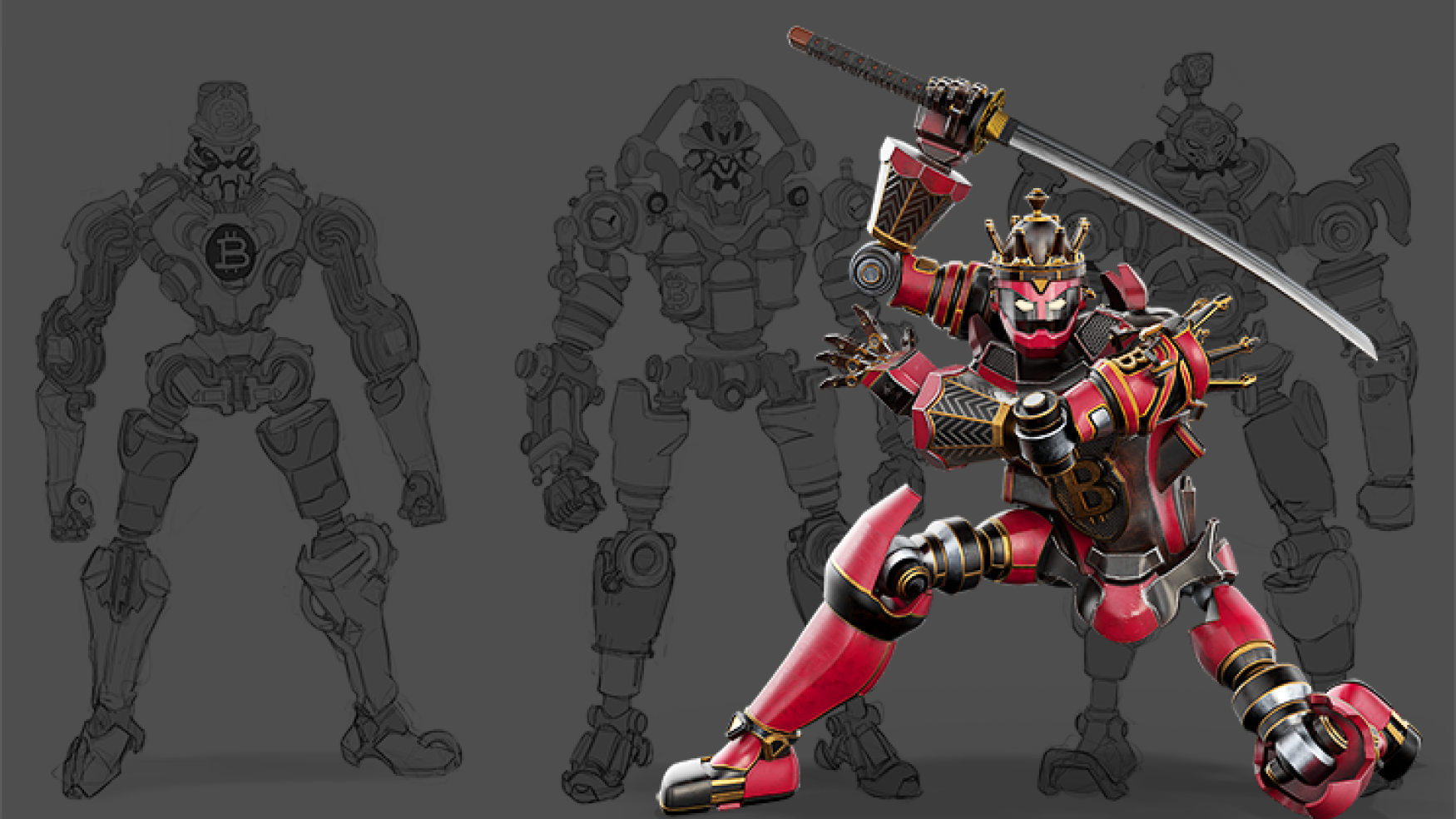 Robot concept art - a robotic character in red and gold armo