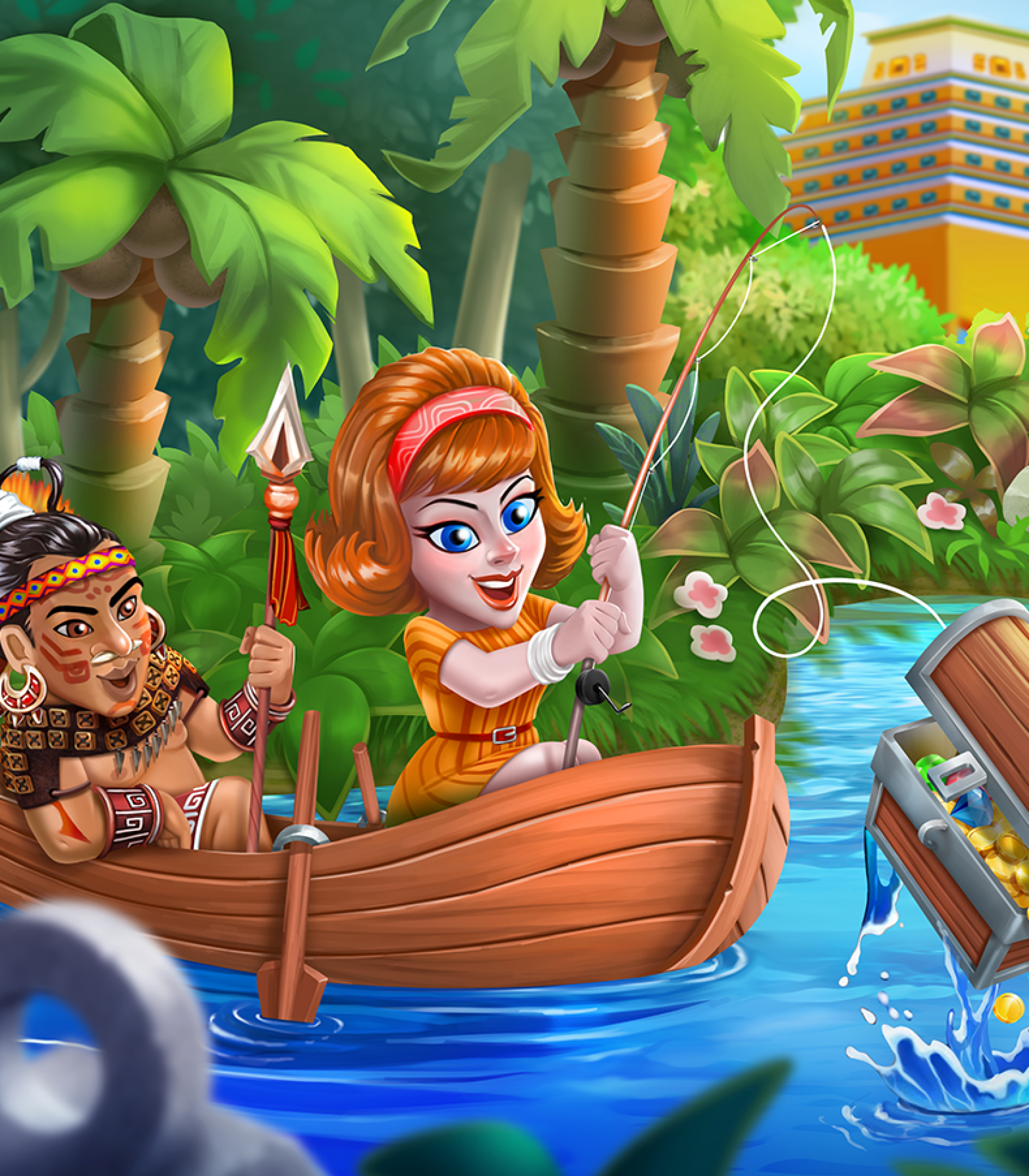 2D game art - Illustration- casual game art - 2 characters on a boat with a treasure