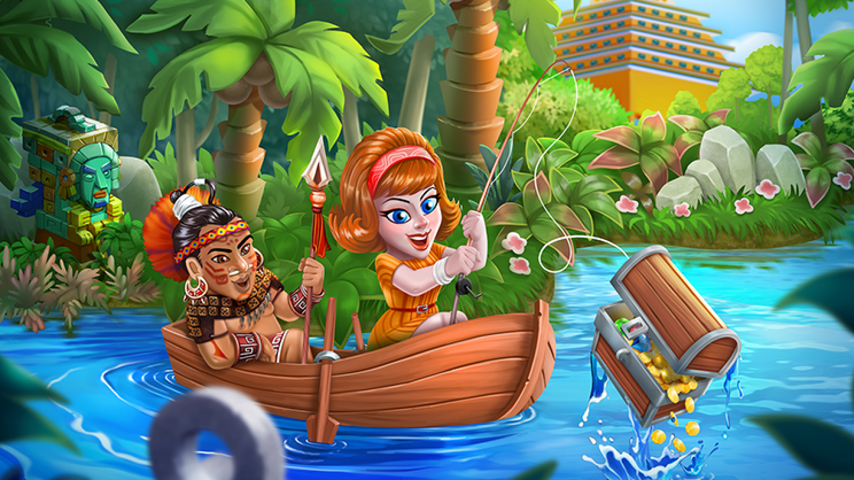 2D game art - Illustration- casual game art - 2 characters on a boat with a treasure