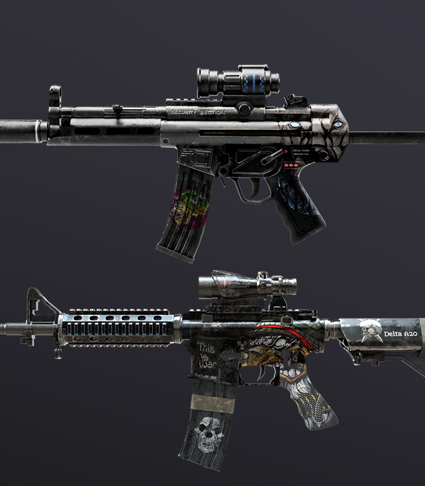 3D game weapon - prop modeling - prop design - Game art depicting two detailed weapon