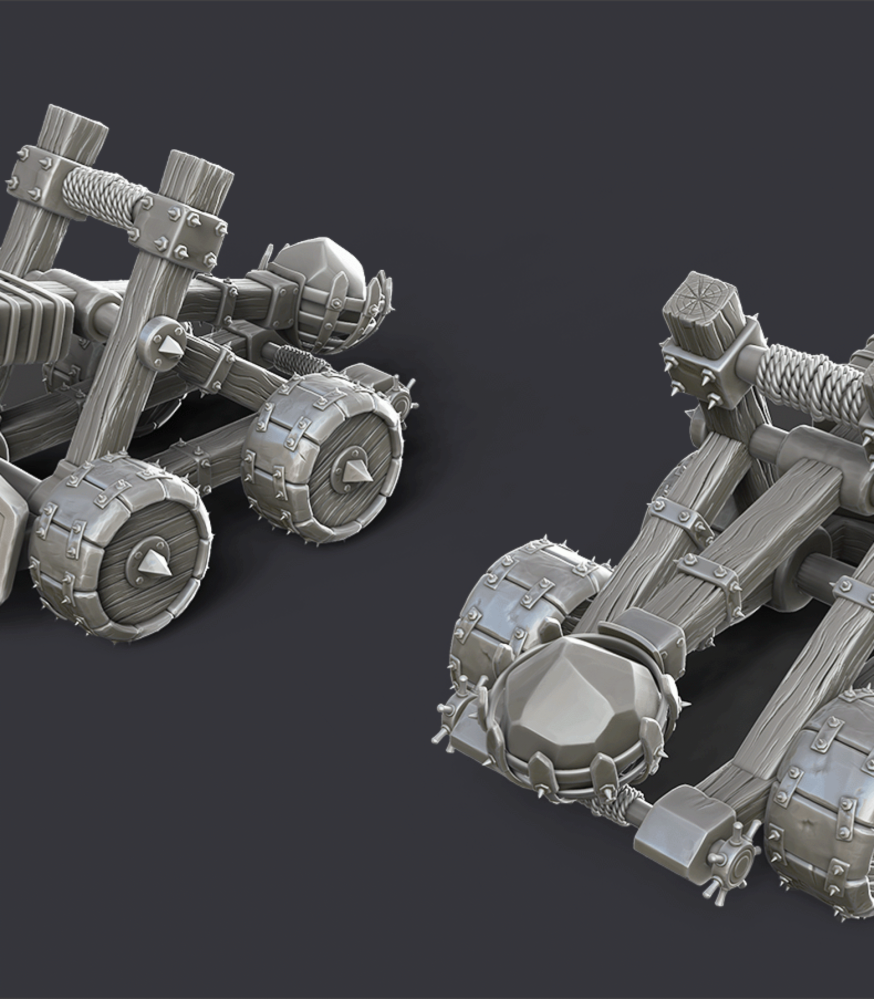 3D art - 3D Vehicle sculpting - 3D sculpting - 3D sculpt of a medieval-style catapult shown from two different angles