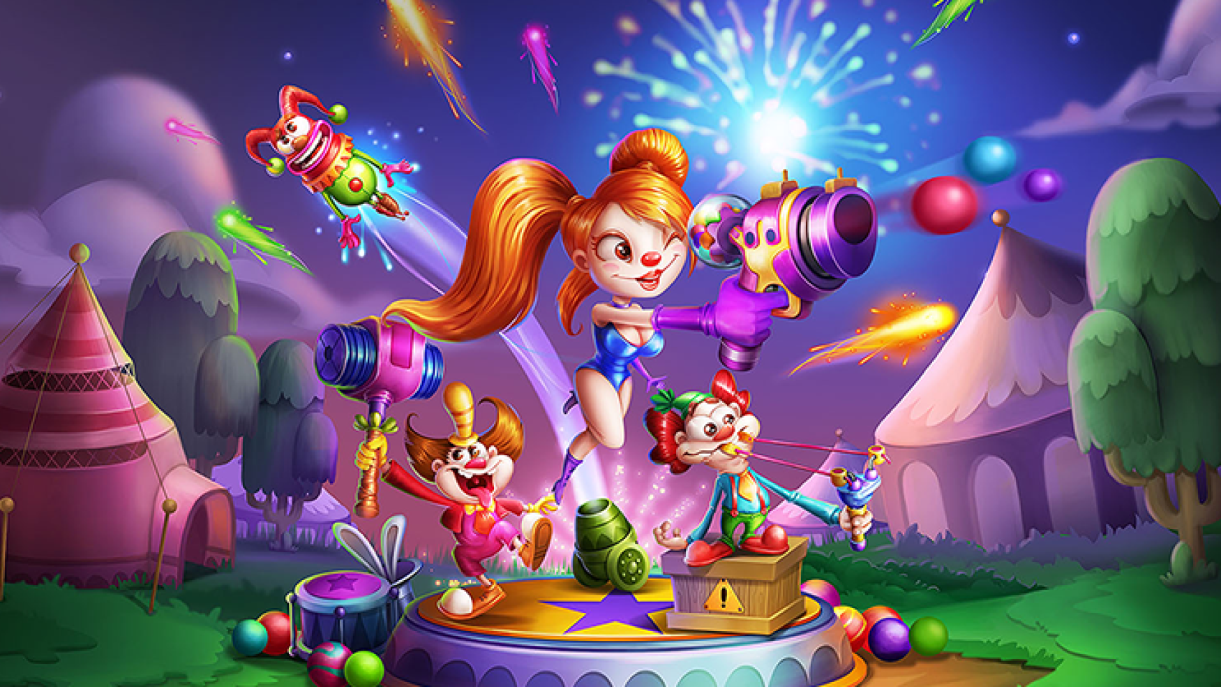 2D game art - Illustration - casual game art - Game characters in a festival with fireworks