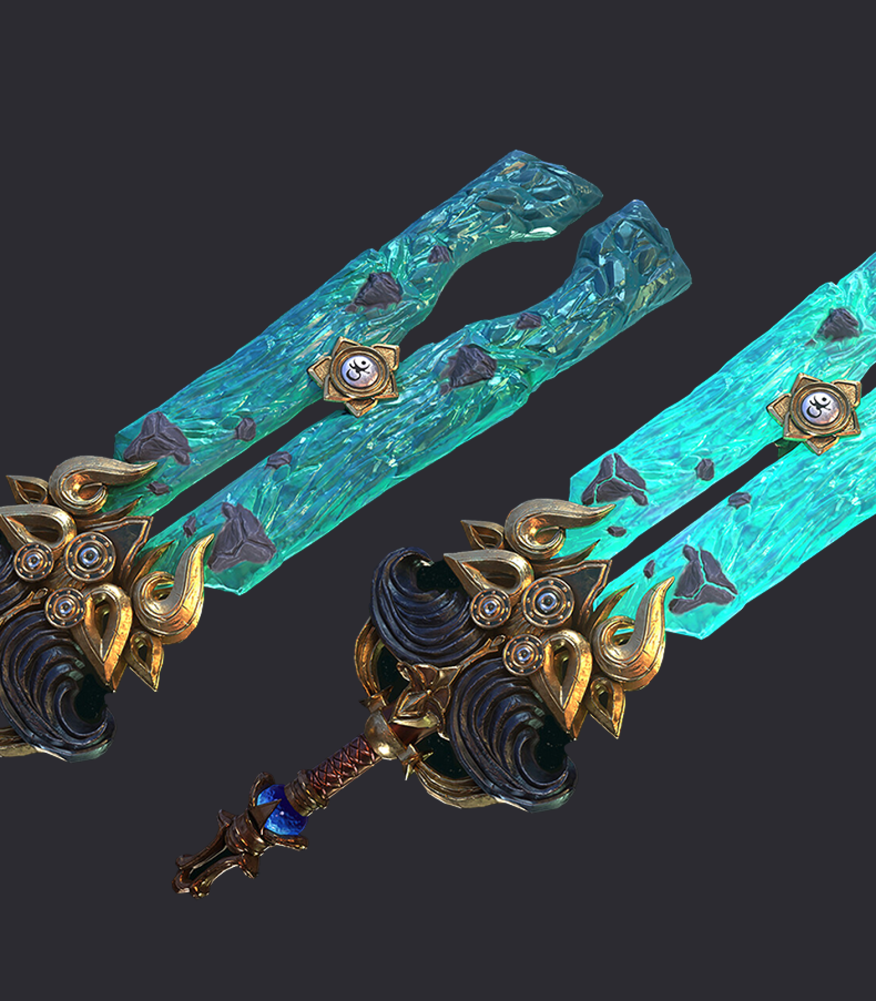 3D game weapon - 3D game art - prop modeling - prop design - Game art of two intricately designed, double-edged swords with glowing blue-green blades and ornate golden hilts