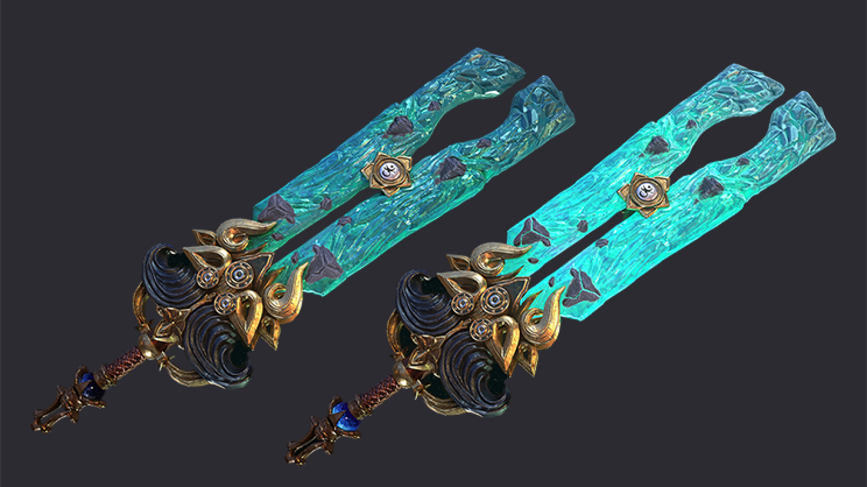 3D game weapon - 3D game art - prop modeling - prop design - Game art of two intricately designed, double-edged swords with glowing blue-green blades and ornate golden hilts