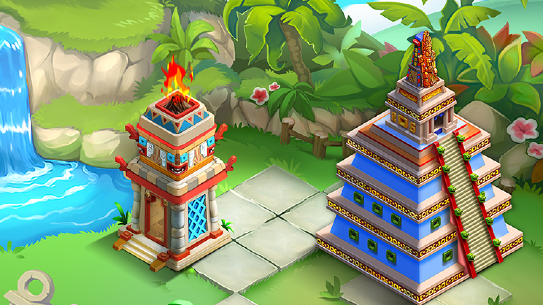 2D game art - game environment design - 2D game environment with assets and character - a fiery ceremonial tower and a colorful, stepped pyramid adorned with intricate details