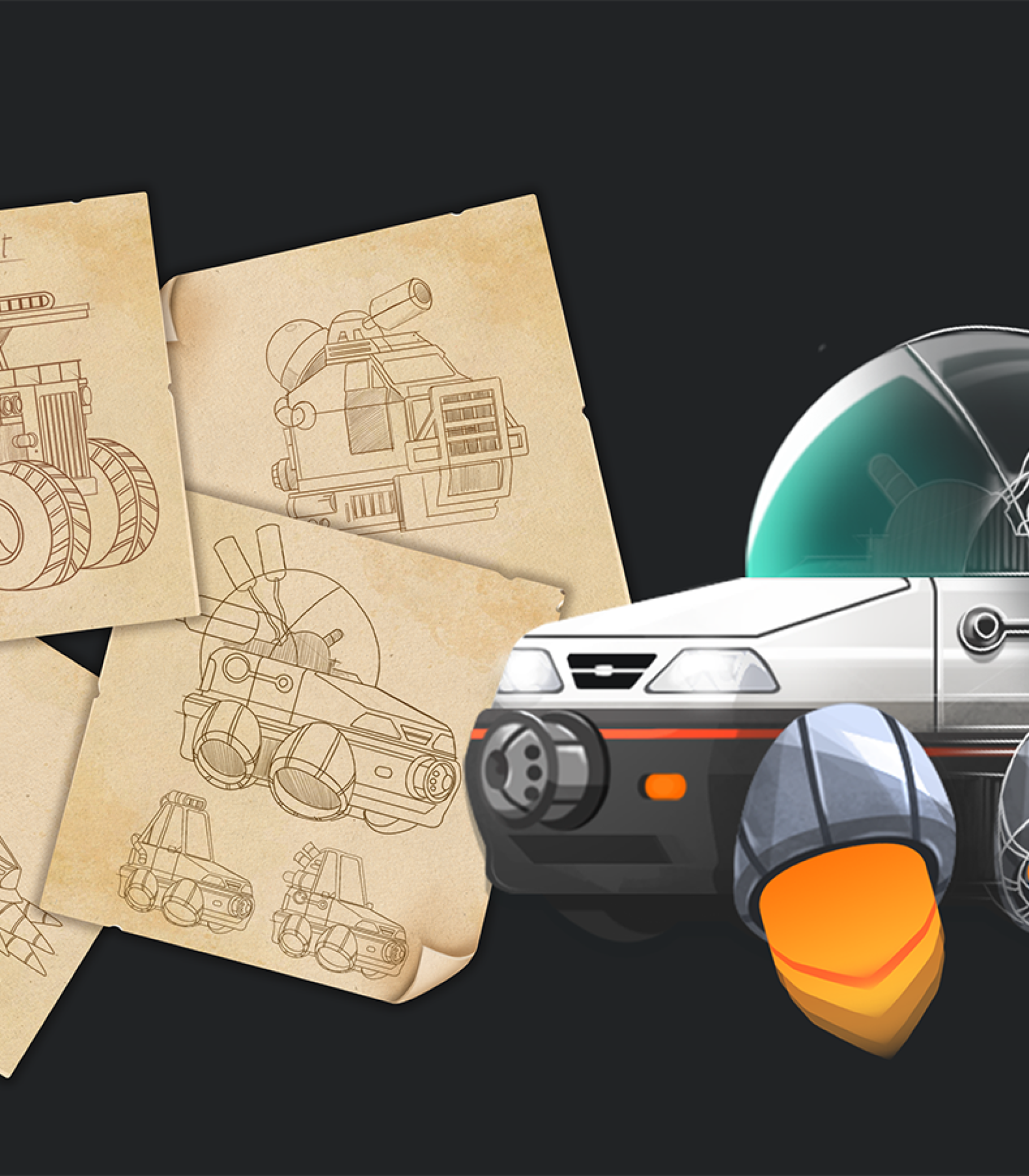 Vehicle concept art - Concept art featuring sketches of a futuristic vehicle on aged paper