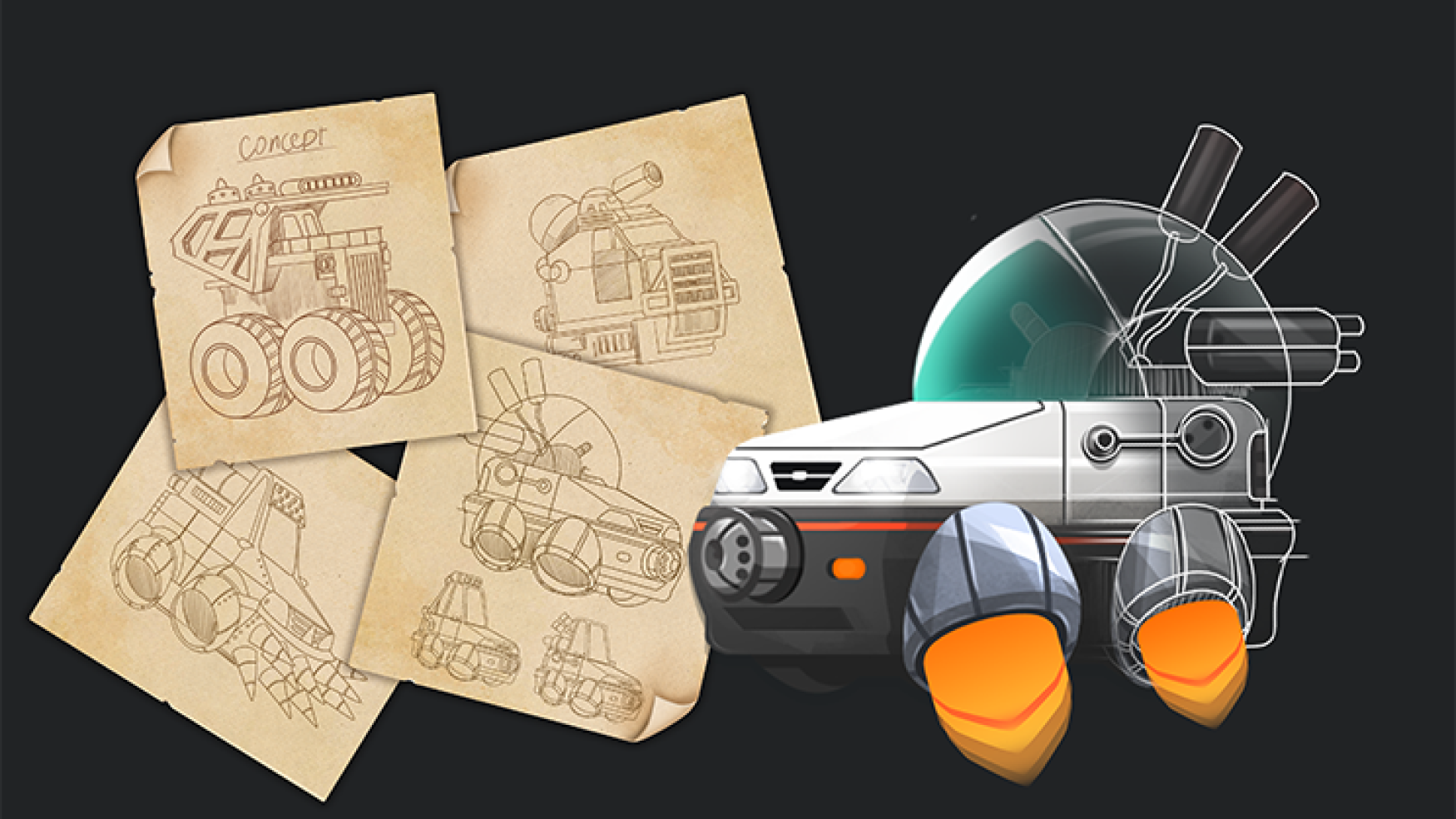 Vehicle concept art - Concept art featuring sketches of a futuristic vehicle on aged paper