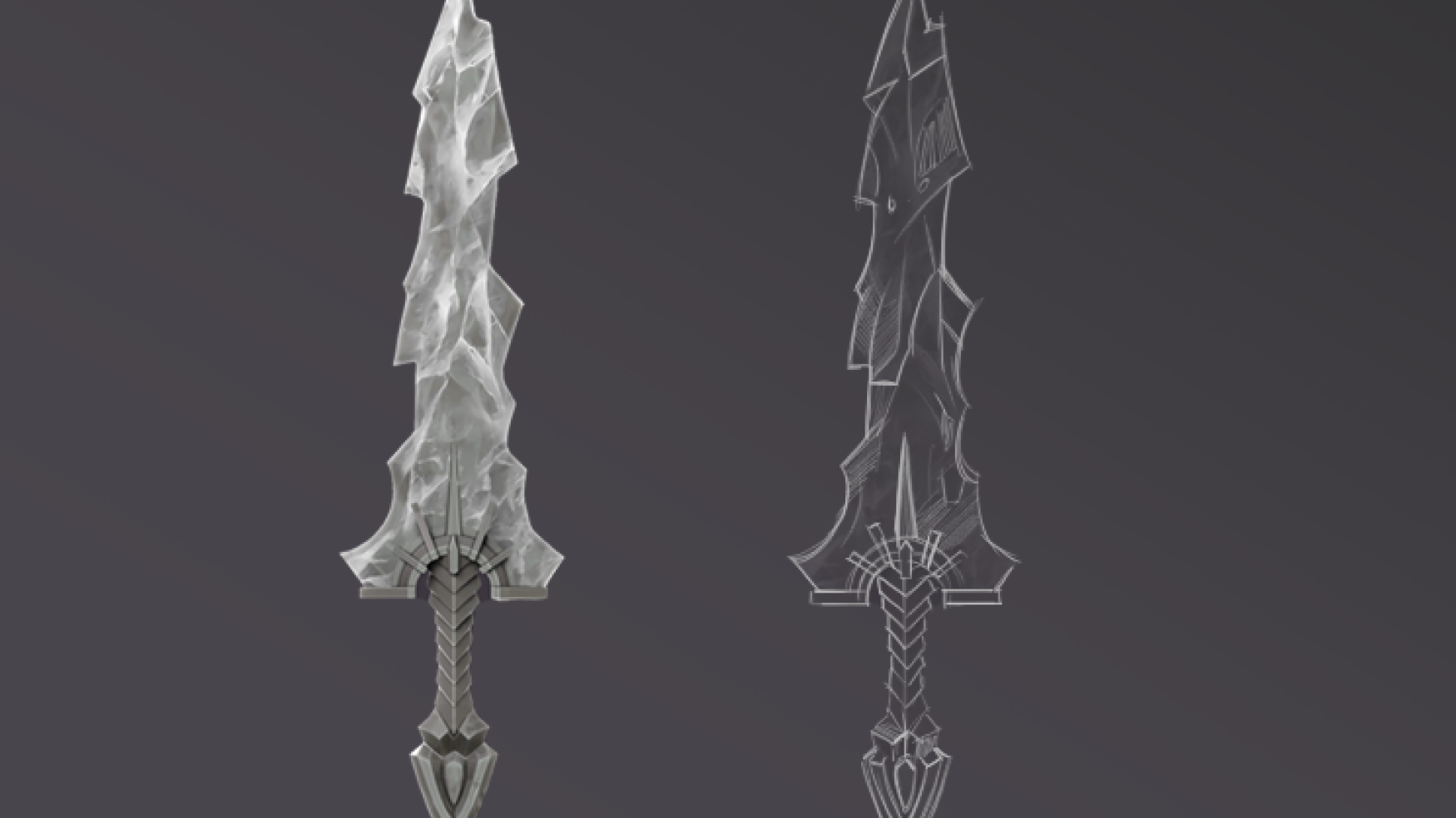 3D Sword sculpting -3D art - 3D sculpting - 3D sculpt of a jagged sword alongside its sketch outline, showcasing intricate design details