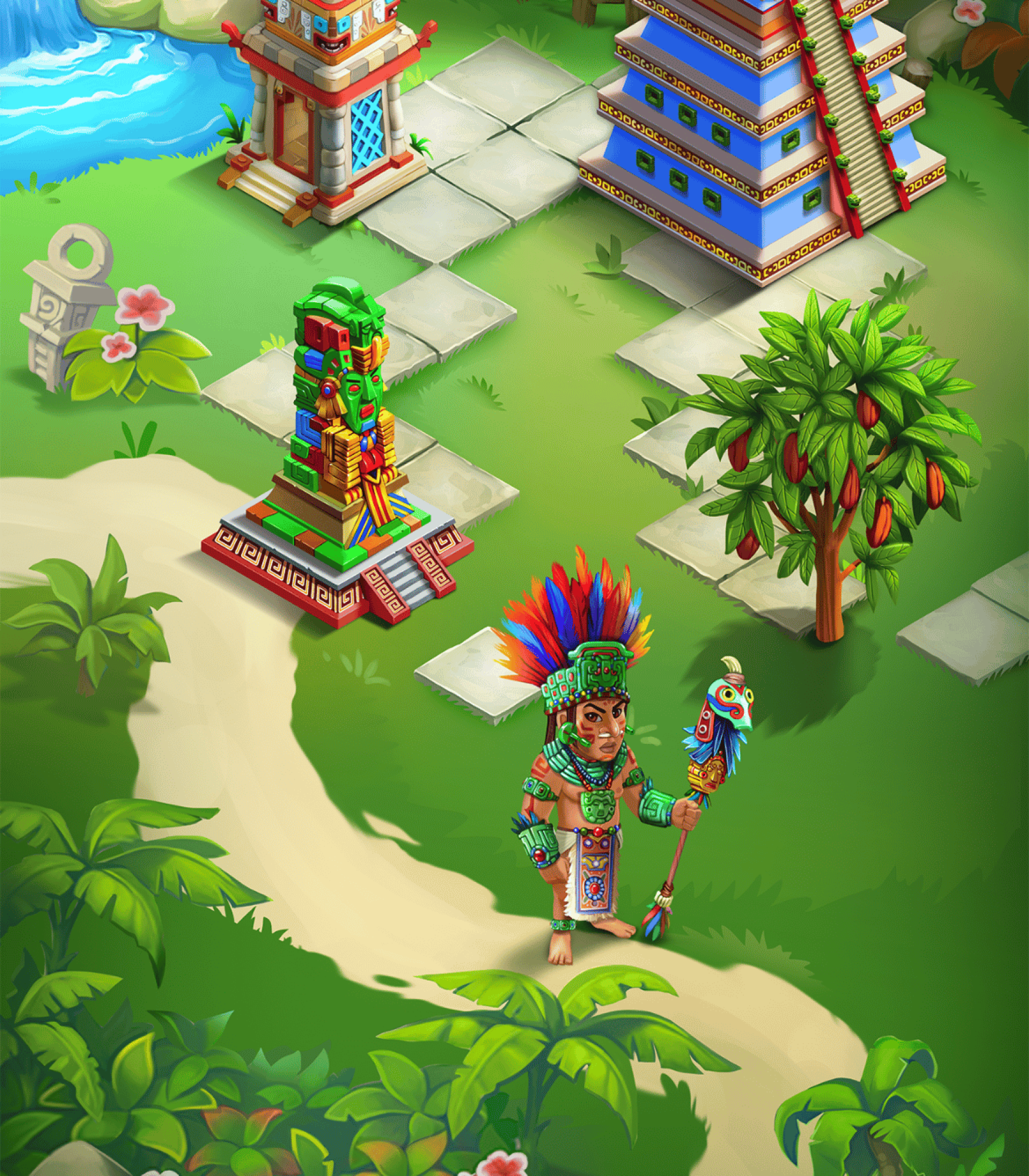 2D game art - game environment design - 2D game environment with assets and character - a fiery ceremonial tower and a colorful, stepped pyramid adorned with intricate details