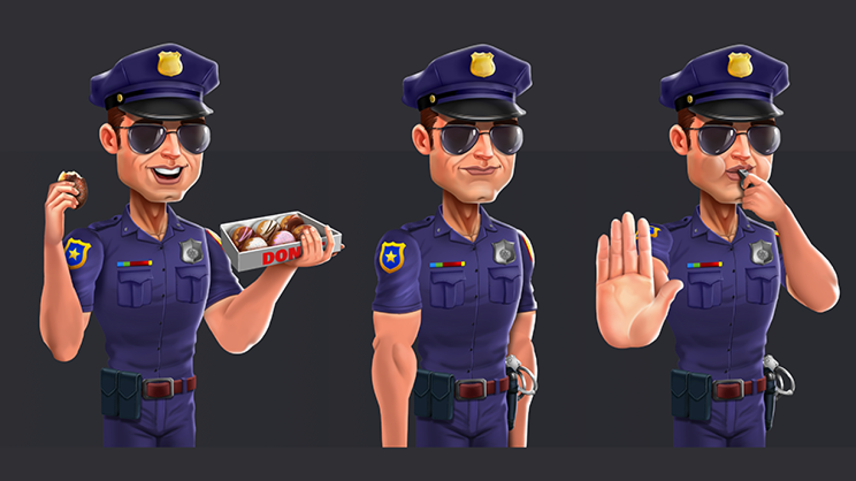 game character design - stylized character design - 2D policeman character design in 3 poses - 2D game art - 2D character design