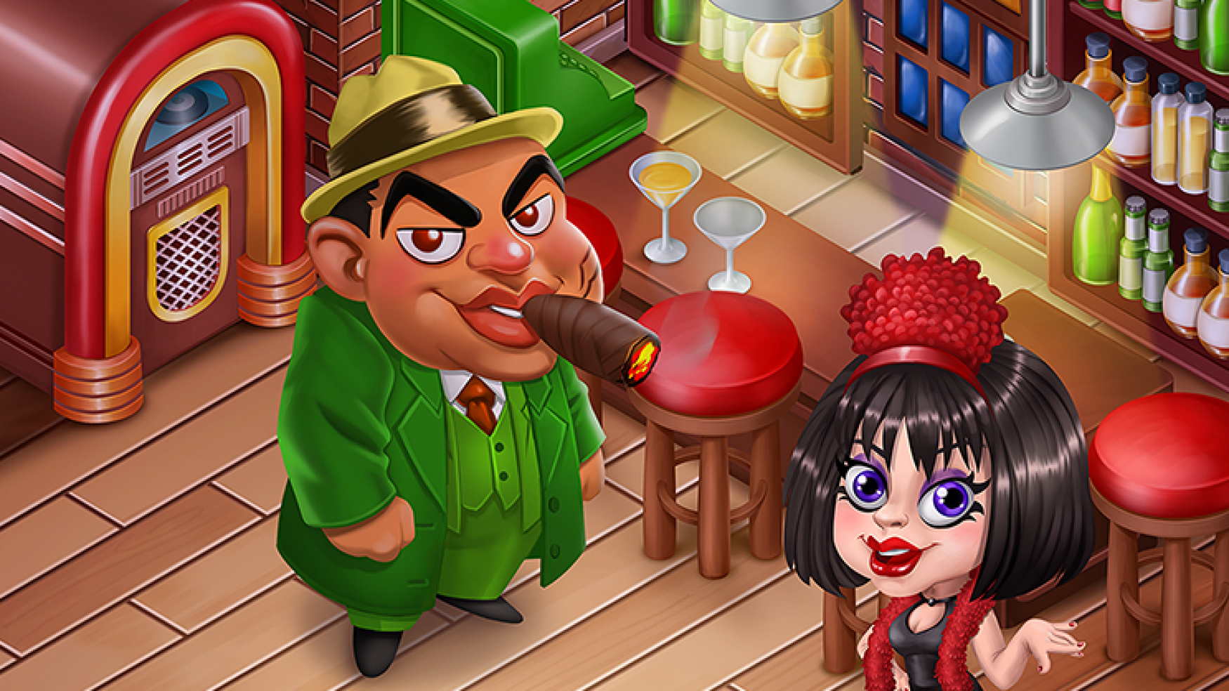 2D game art - game environment design - A gangster in a green suit smoking a cigar and a stylish woman in a red hat