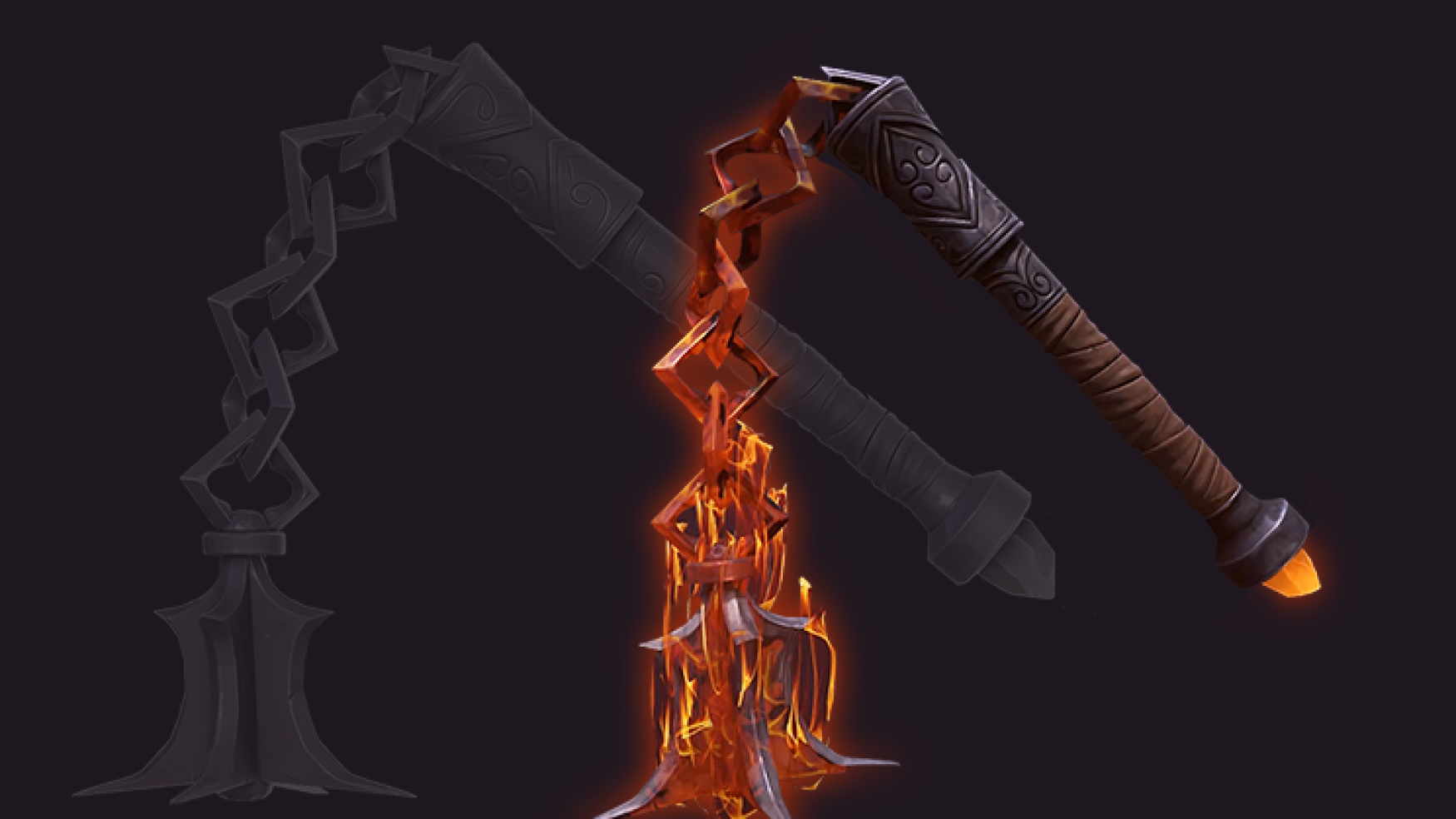 3D game weapon - prop modeling - prop design 3D game art of a fiery flail weapon shown from two different angles