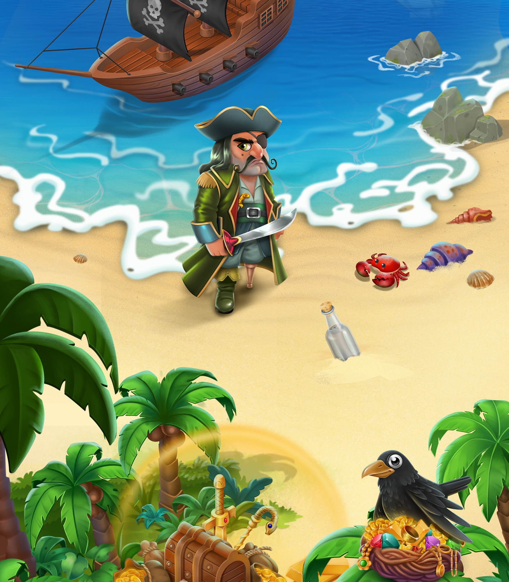 2D game environment design - 2D game art - A pirate with a green beard, wearing traditional pirate attire and holding a sword, stands on the sandy shore