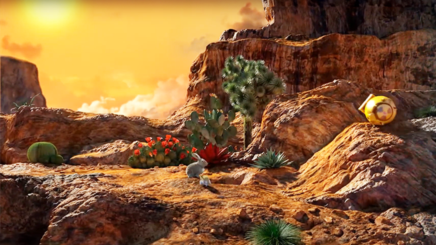 3D rocky desert scene with cacti and plants under setting sun – environment modeling and design