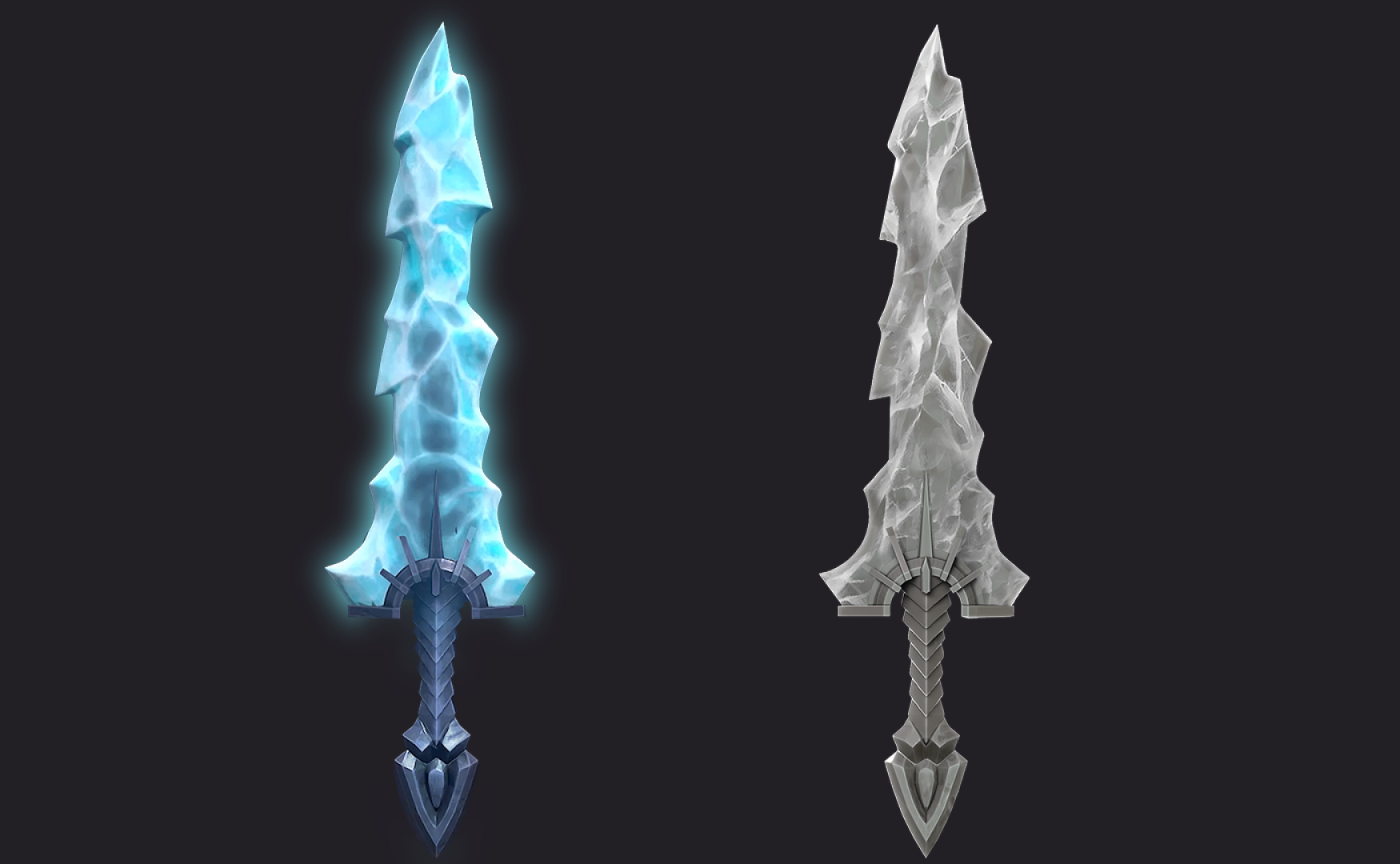 3D game weapon - 3D game art - prop modeling - 3Dprop design - 3D game art featuring a pair of intricately designed swords shown from the front