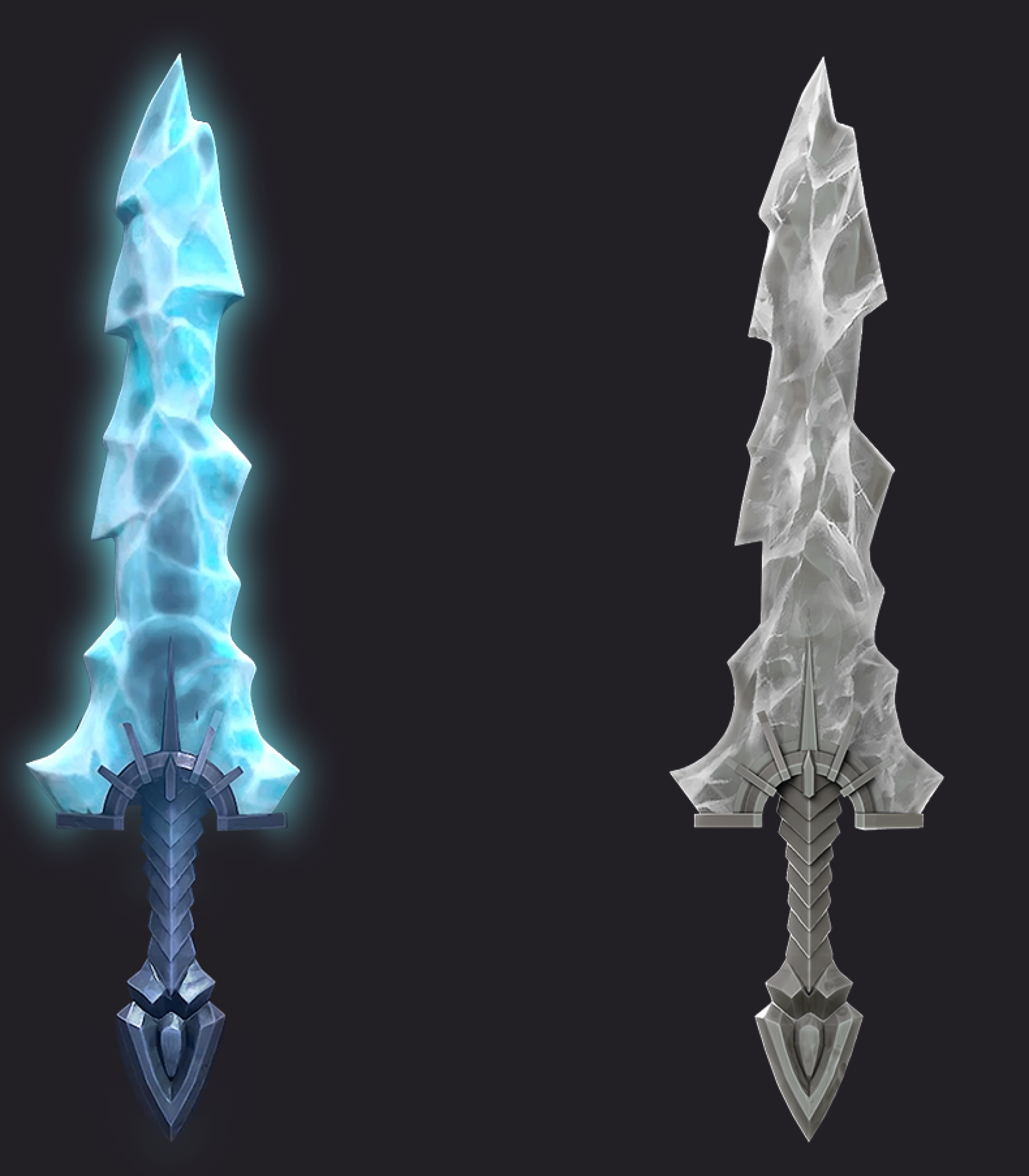 3D game weapon - 3D game art - prop modeling - 3Dprop design - 3D game art featuring a pair of intricately designed swords shown from the front