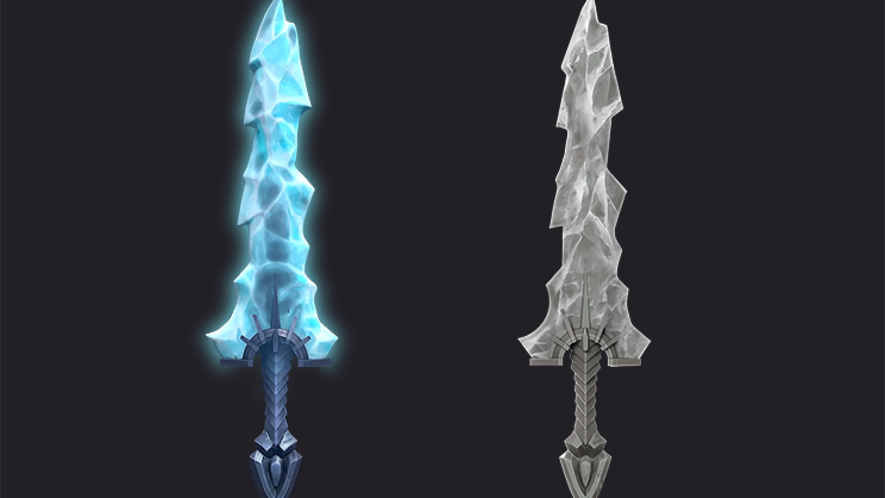 3D game weapon - 3D game art - prop modeling - 3D prop design - 3D game art featuring a pair of intricately designed swords shown from the front