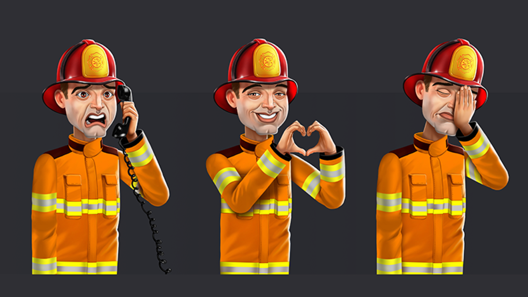 game character design -stylized character design - 2D firefighter character design in 3 poses