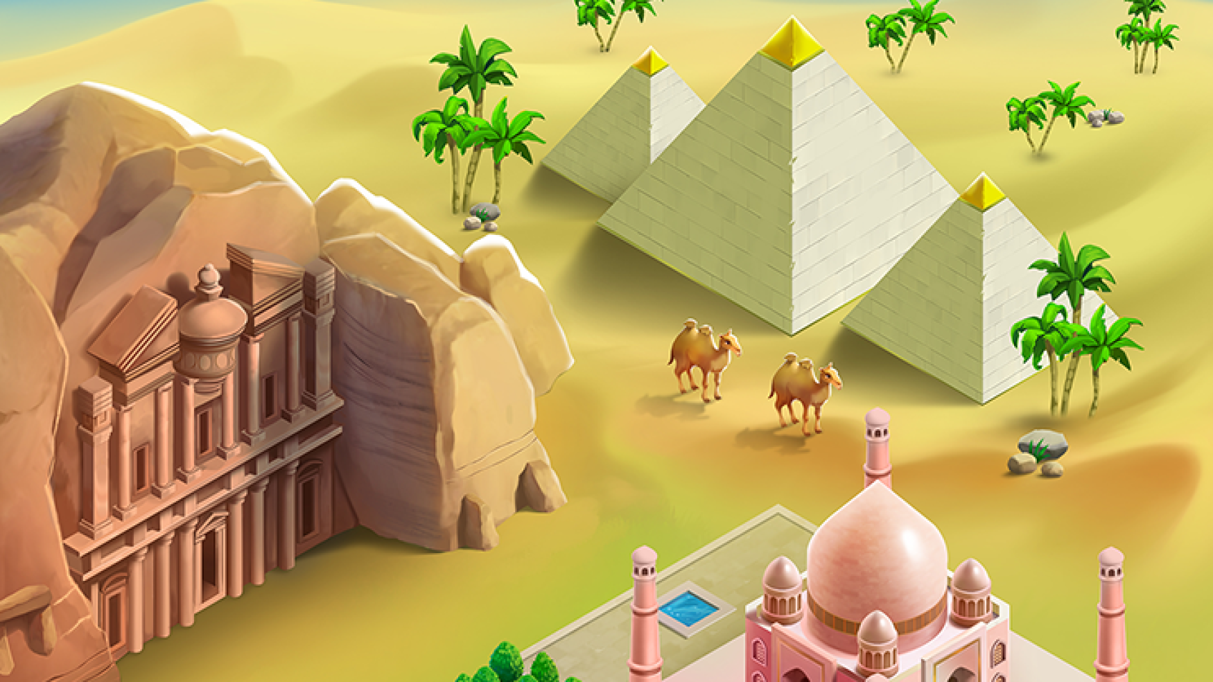 2D game art - game environment design - the rock-carved Petra, the Great Pyramids, and a pink domed building