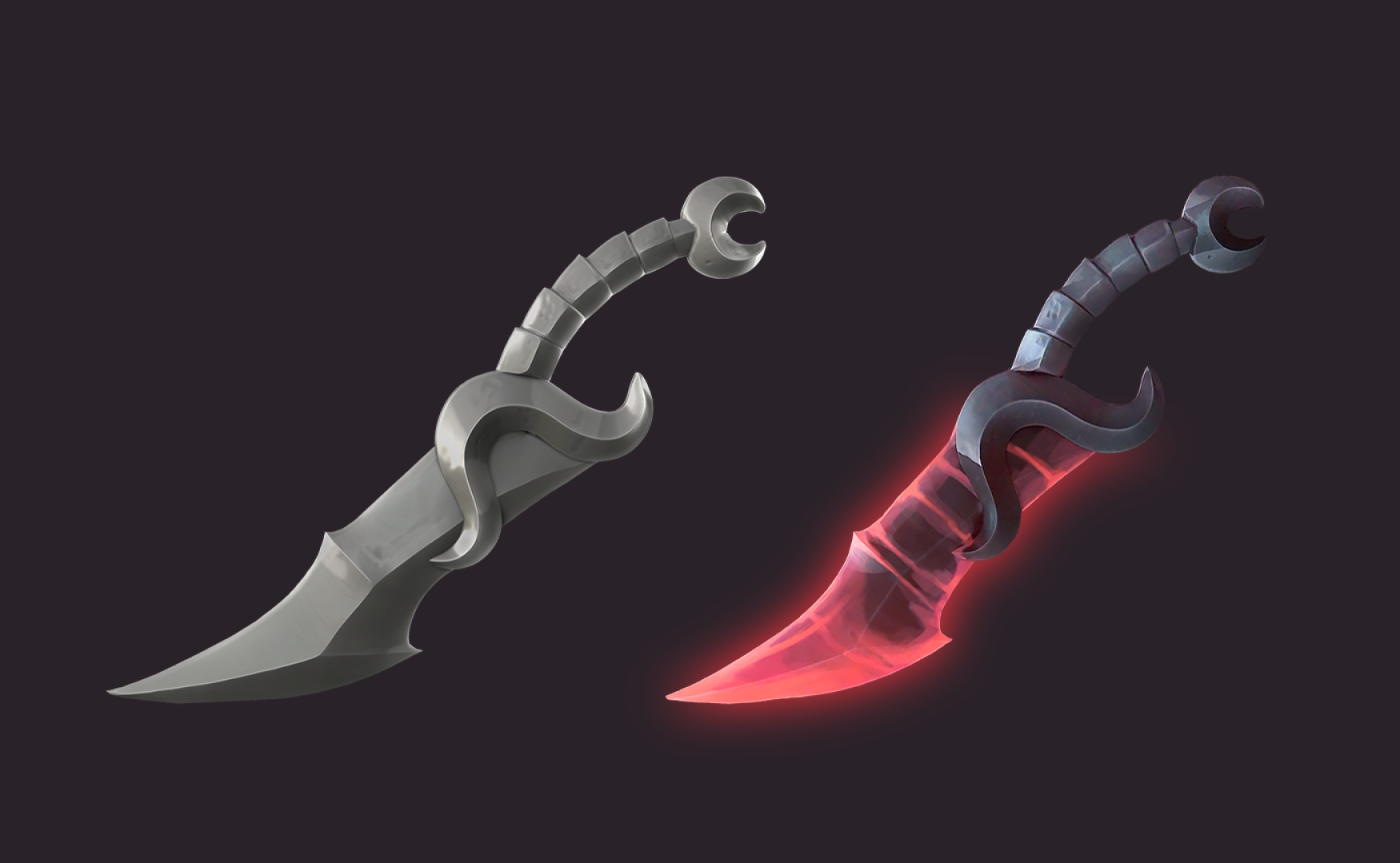 3D game weapon - 3D game art - prop modeling - 3D prop design - Game art featuring two intricately designed 3D daggers shown from the side