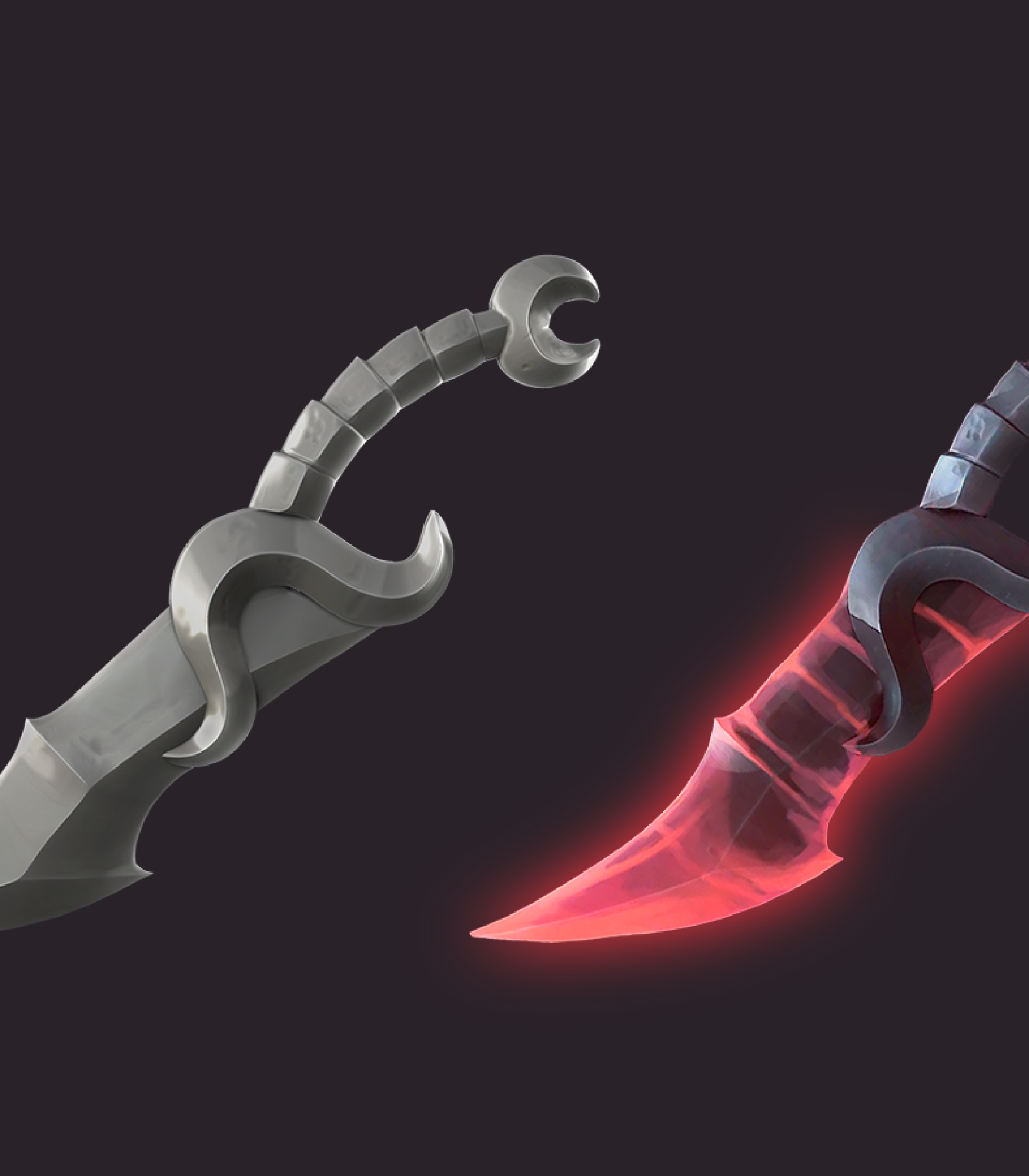 3D game weapon - 3D game art - prop modeling - 3D prop design - Game art featuring two intricately designed 3D daggers shown from the side