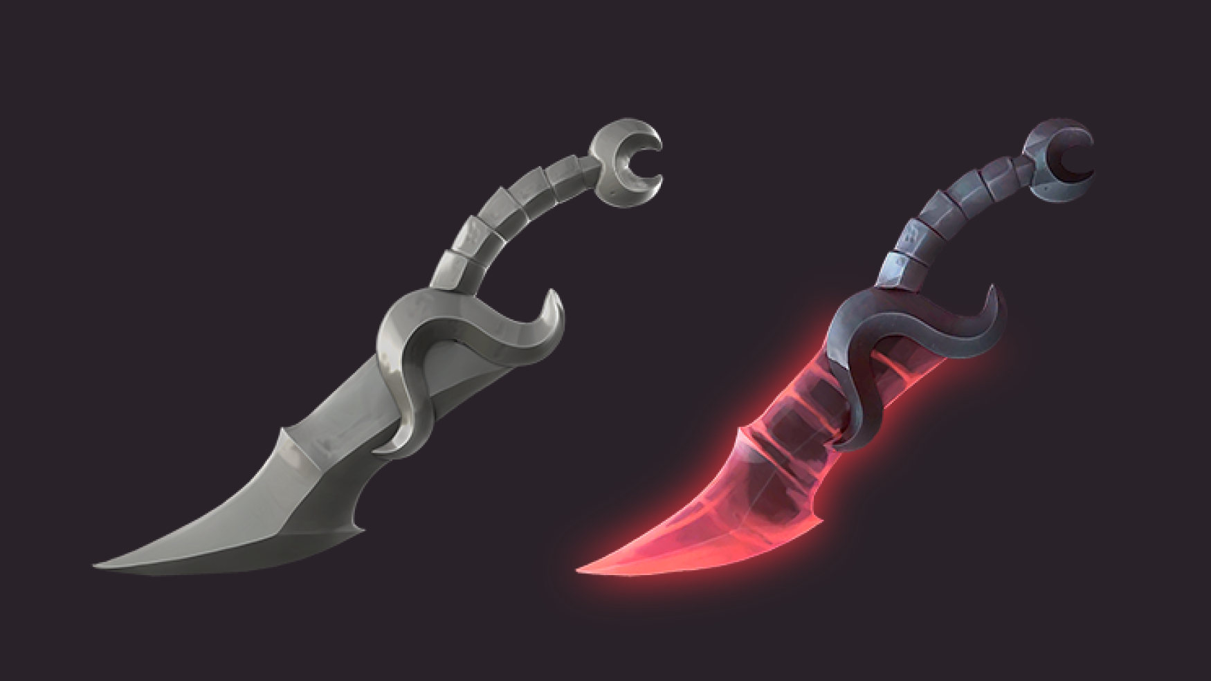 3D game weapon - 3D game art - prop modeling -3D prop design - Game art featuring two intricately designed 3D daggers shown from the side