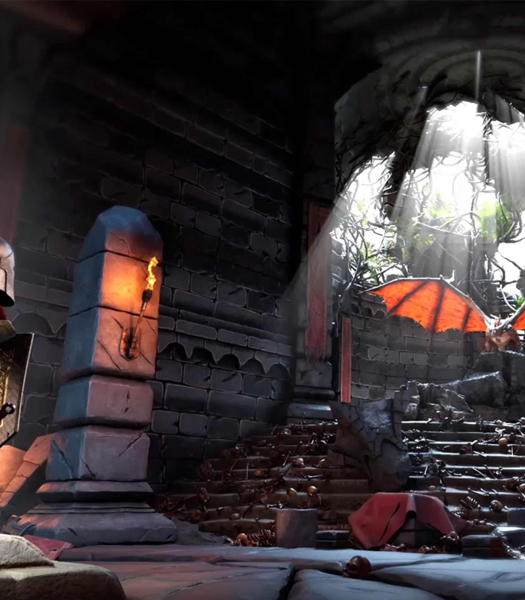 3D environment modeling - 3D environment design - A knight in armor inside an ancient, dimly lit temple with a dragon perched on a ledge near a broken roof