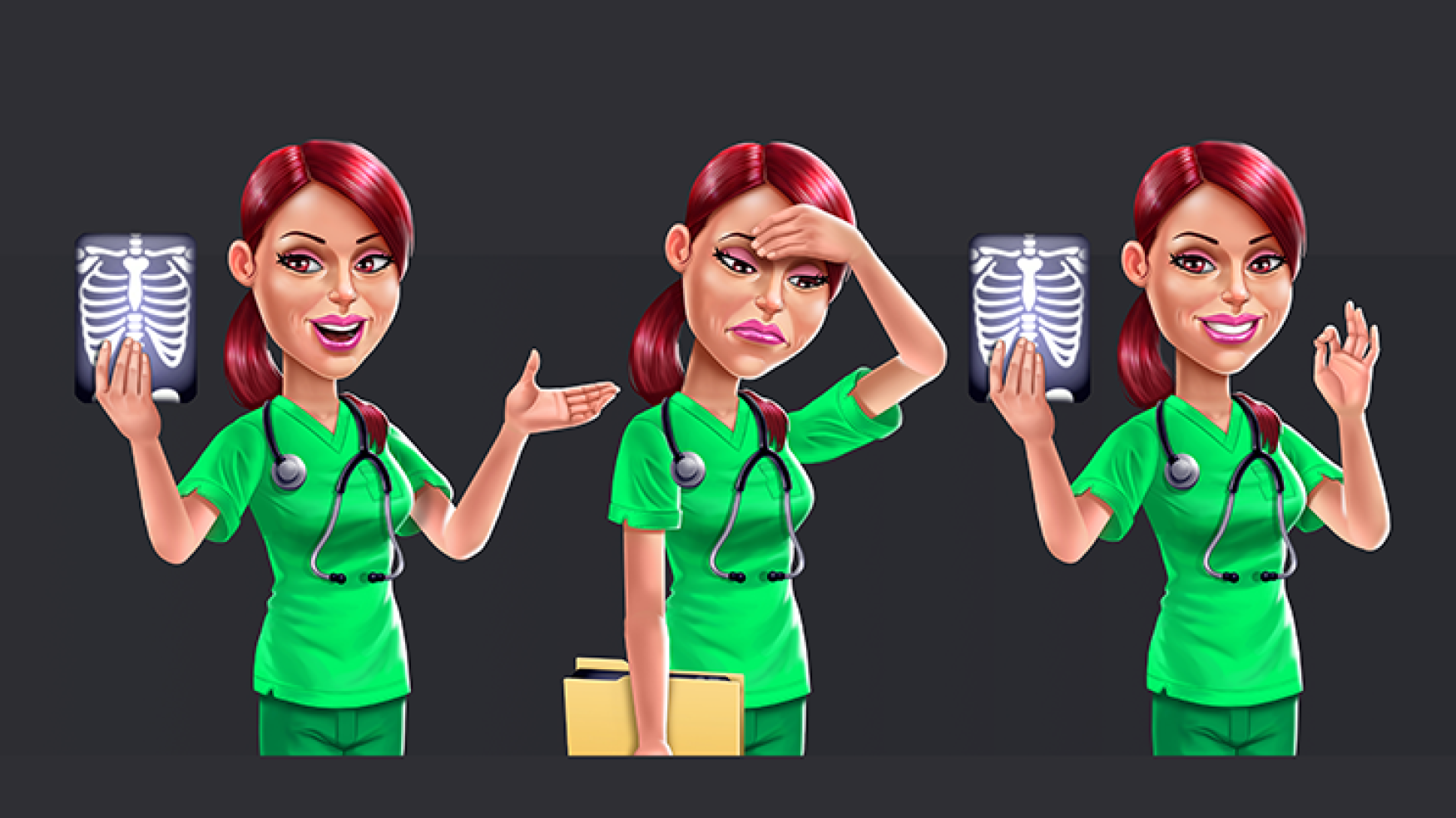 game character design - stylized character design - 2D nurse character design in 3 poses