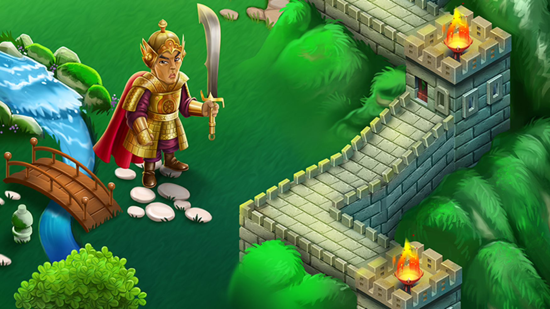 2D game art - game environment design - A game character in golden armor with a red cape, holding a sword