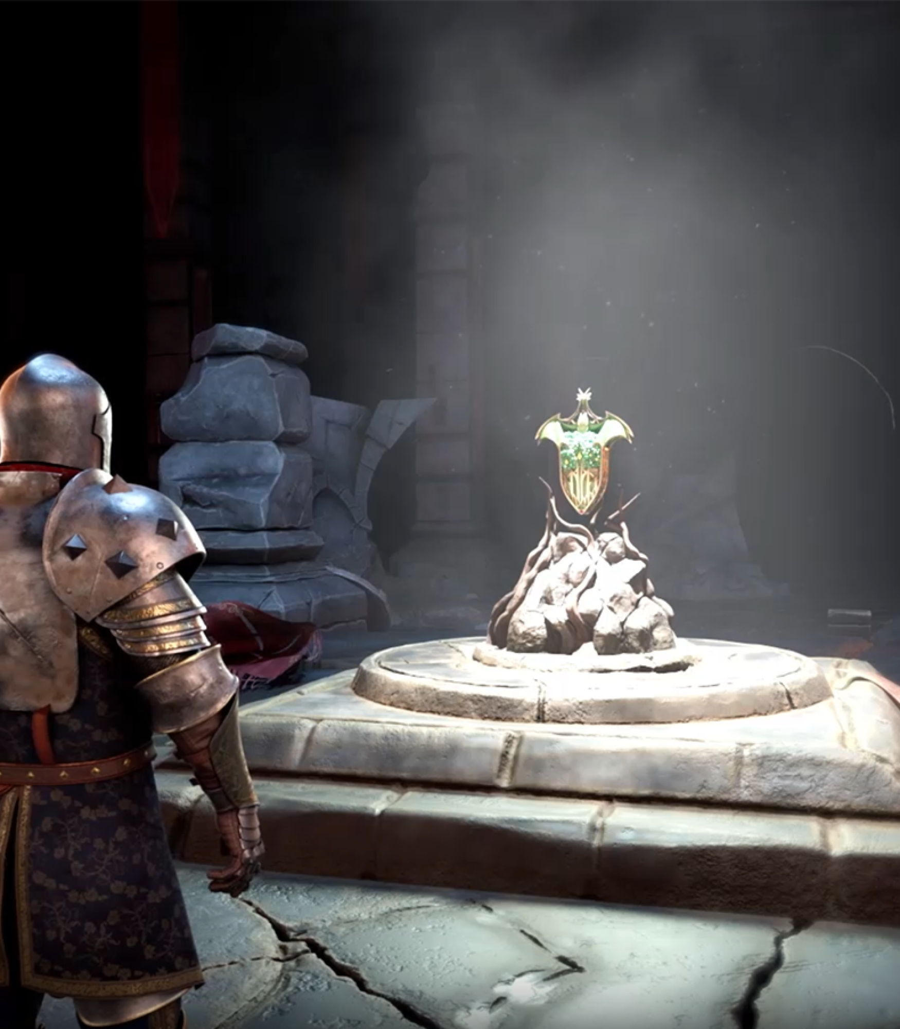 3D environment design - 3D environment modeling- A knight in armor stands before an illuminated pedestal displaying a glowing artifact in a dark, ancient temple