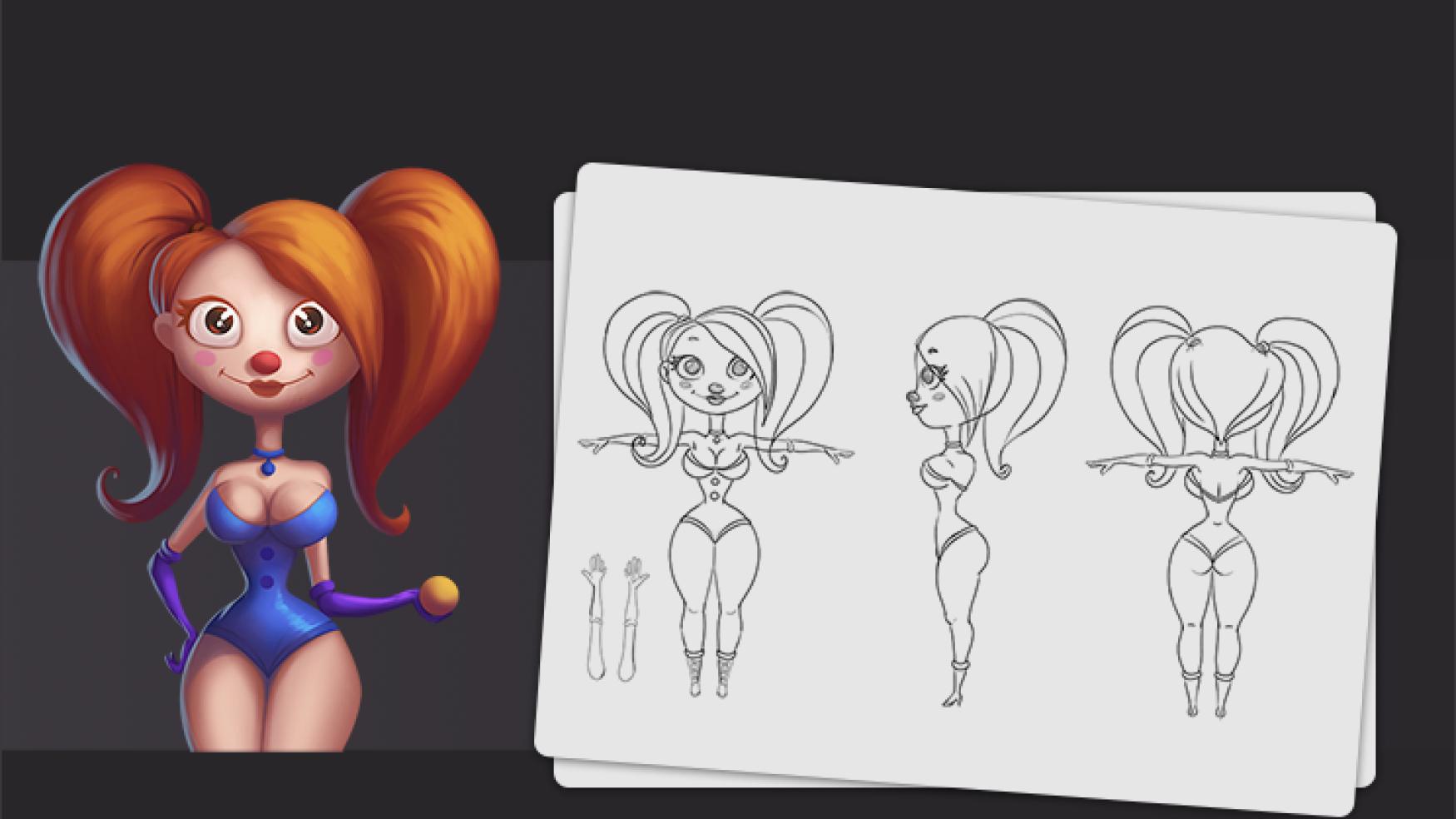 Character concept art- model sheet - Concept art of a cartoon female character with bright red hair