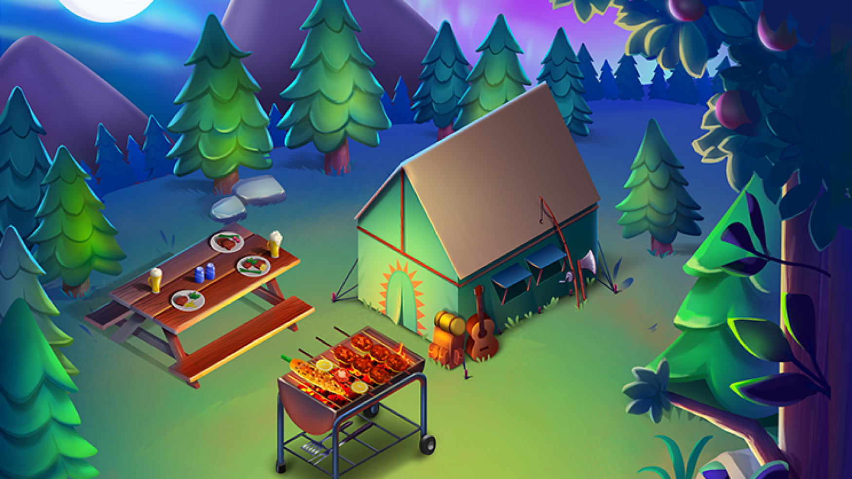 2D game art - game environment design -A nighttime outdoor camping scene with a barbecue grill cooking food, a picnic table set with plates