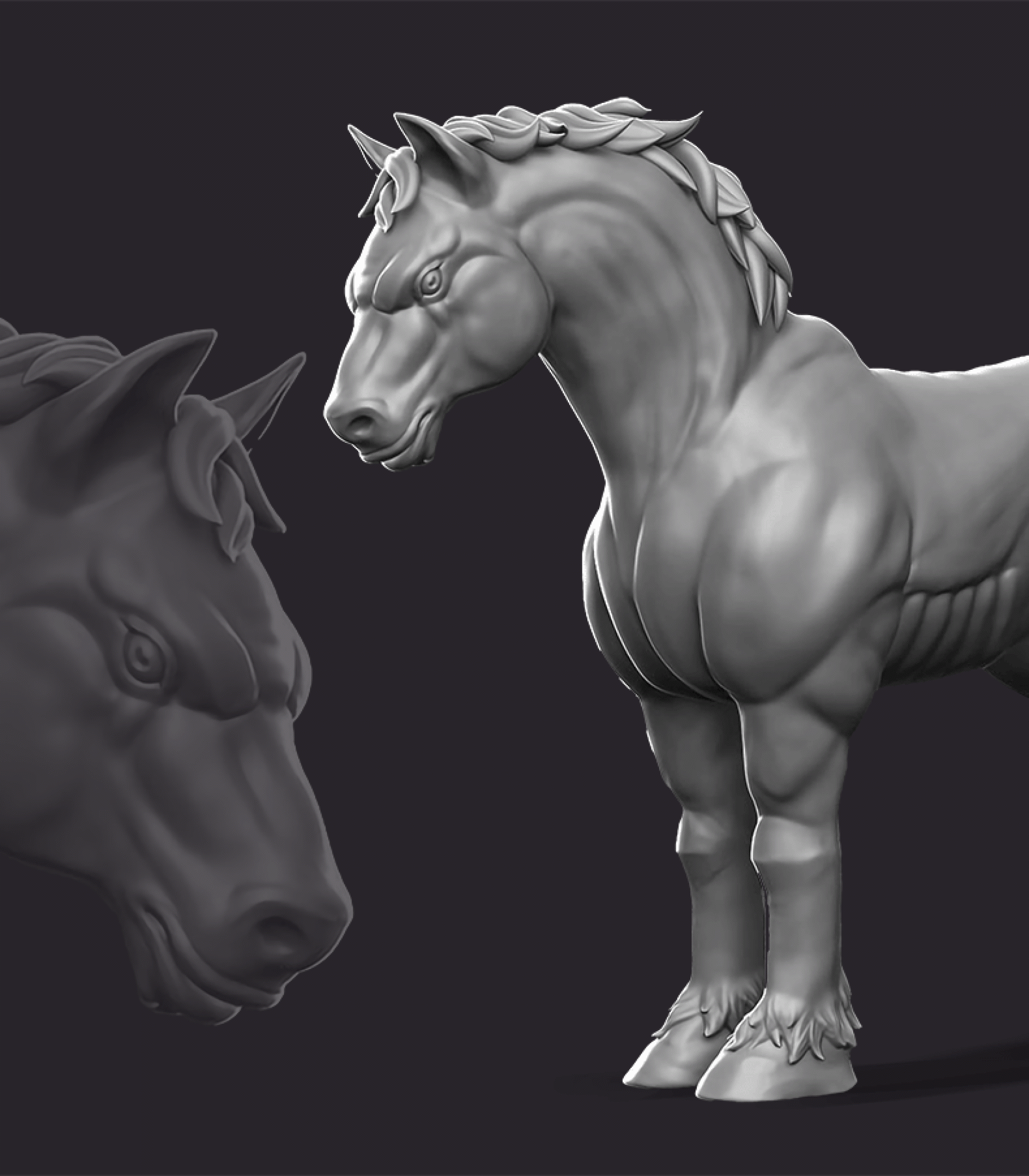 3D Horse sculpting - 3D art - 3D sculpting - 3D modeling - 3D character sculpting - "3D sculpt of a muscular horse, showcasing detailed anatomy and a strong, majestic pose