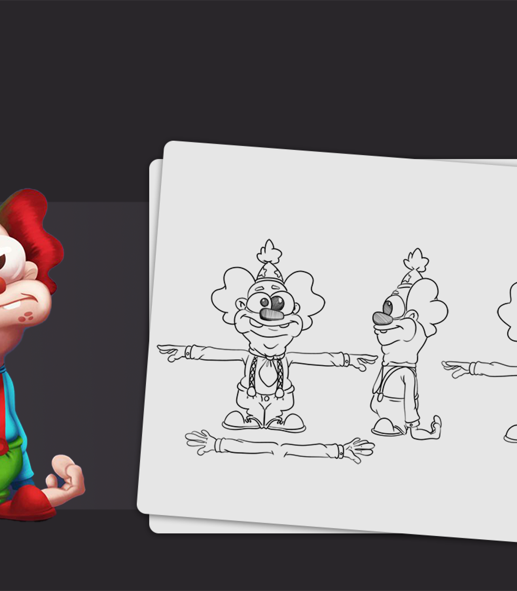 Character concept art - mod sheet - Concept art of a cartoon clown character with green and red hair