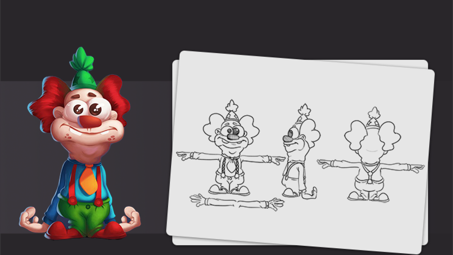 Character concept art - mod sheet - Concept art of a cartoon clown character with green and red hair