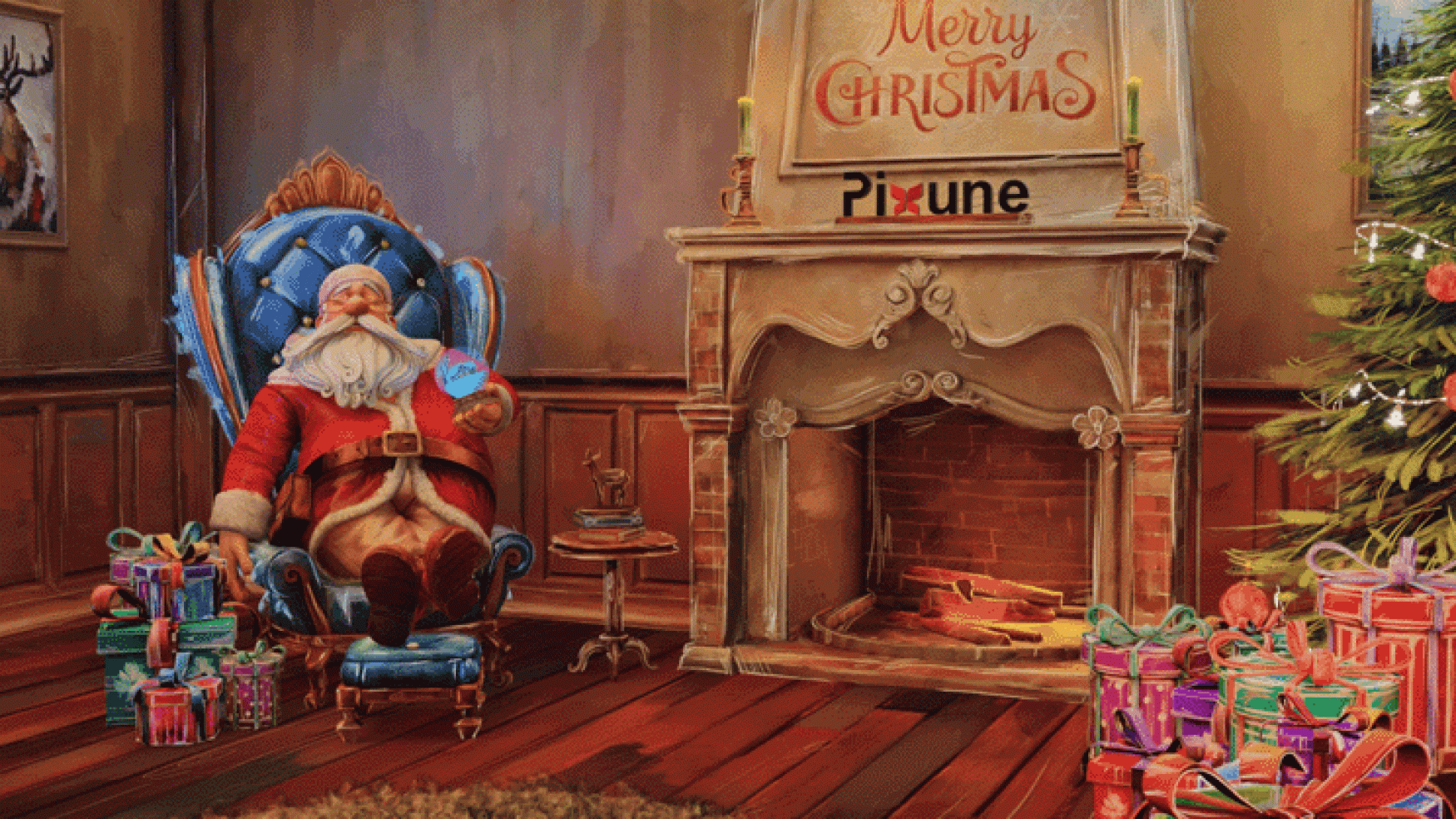 Santa is sleeping on the chair with several gifts around