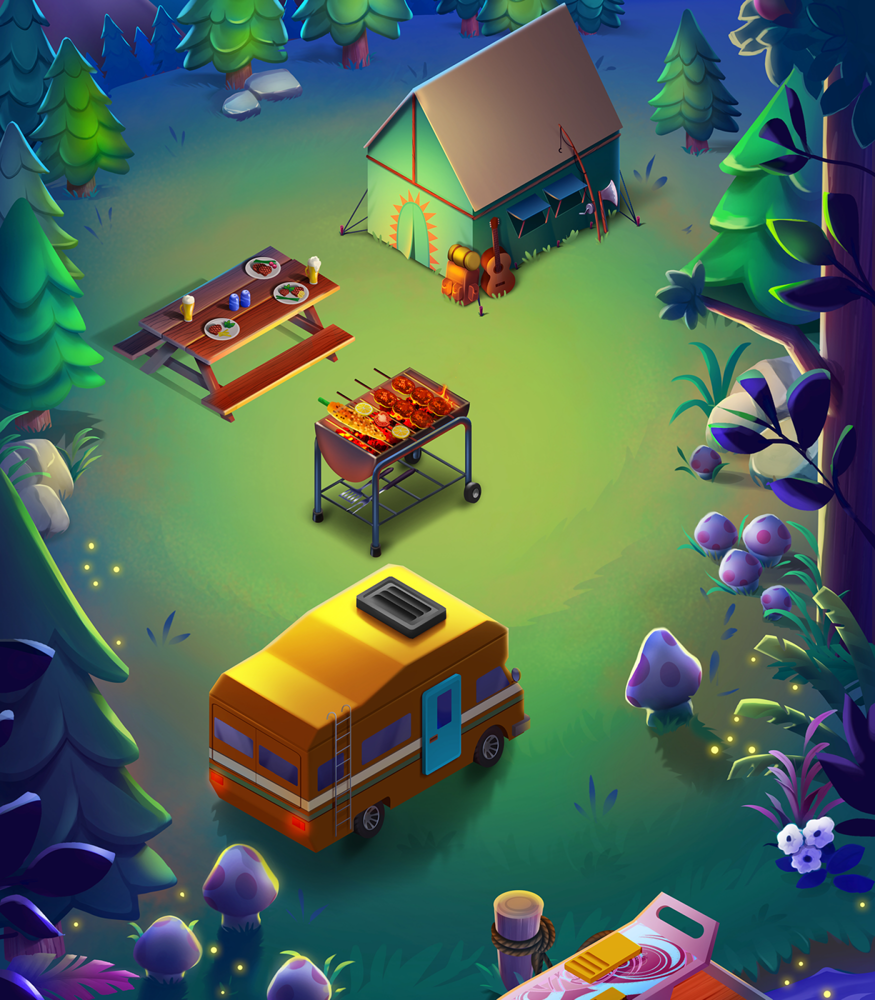 2D game art - game environment design - A nighttime outdoor camping scene with a barbecue grill cooking food and a picnic table set with plates and drinks, a small cabin, and a yellow camper van