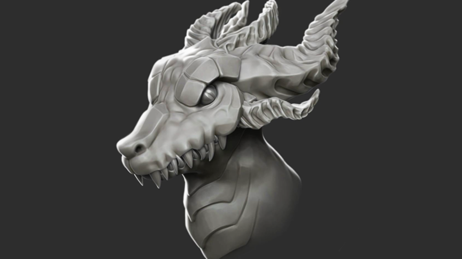 3D sculpting - 3D character sculpting - 3D art - 3D sculpt of a dragon head with intricate details, featuring large horns and sharp teeth