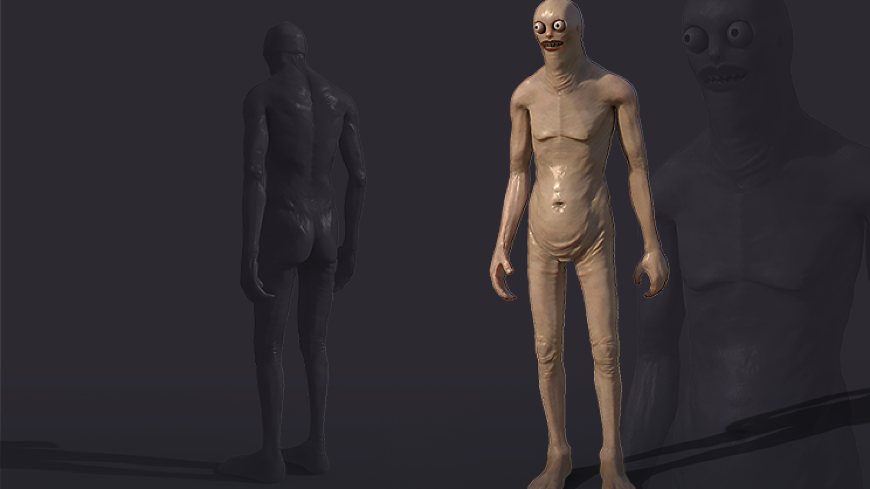 3D character design - realistic character design - 3D creature design-a character with pale skin, bulging eyes