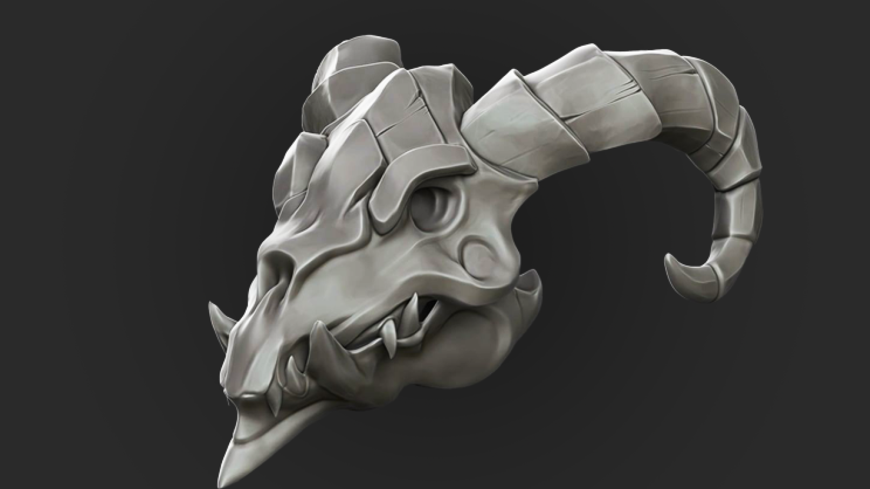 3D sculpting - 3D art - 3D modeling - 3D character sculpting - 3D sculpt of a dragon skull with large curved horns and sharp teeth