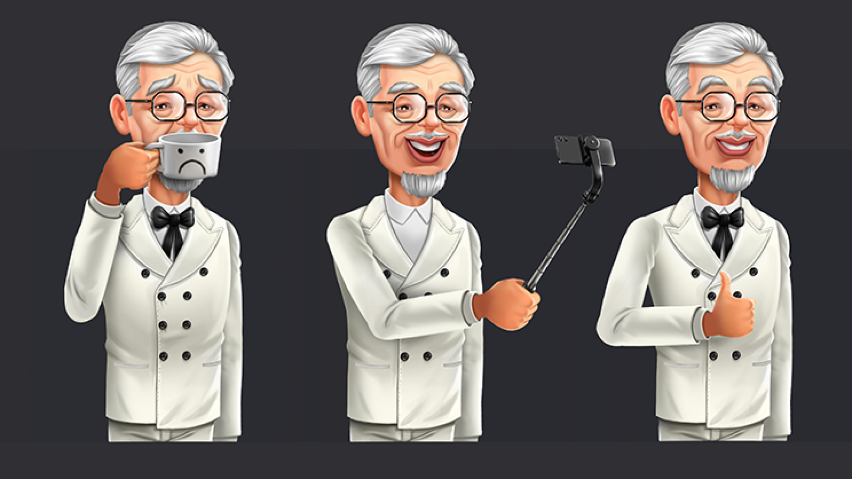 game character design - stylized character design - 2D grandpa character design in 3 poses