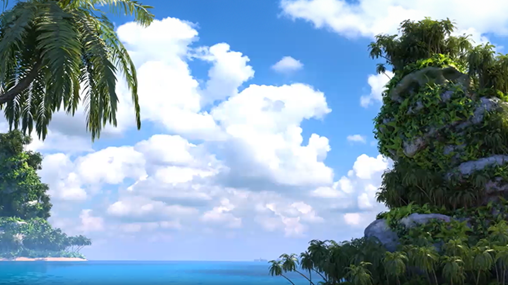 3D environment modeling - 3D environment design - A tranquil tropical beach scene with lush greenery, clear blue water, and a bright sky with fluffy clouds