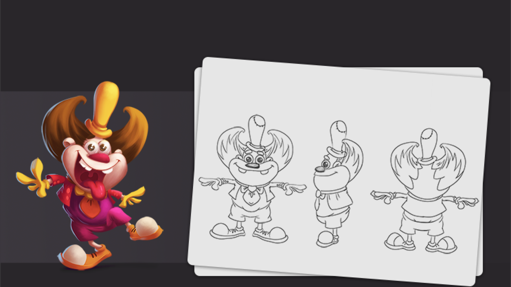 Game Character concept art - character model sheet - Concept art of a cartoon clown character with yellow and red hair
