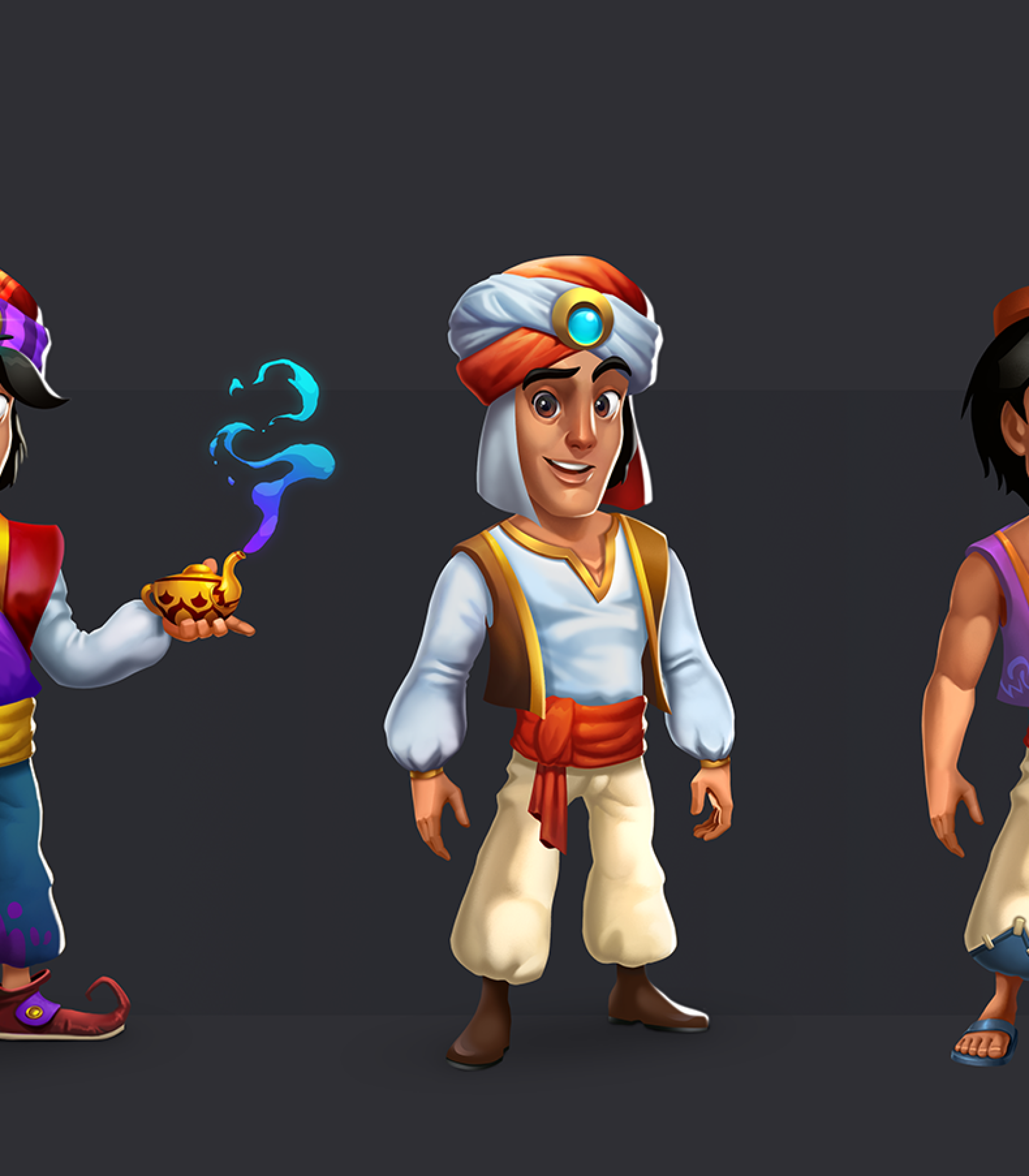 game character design - stylized character design - Aladdin 2D character design in 3 versions