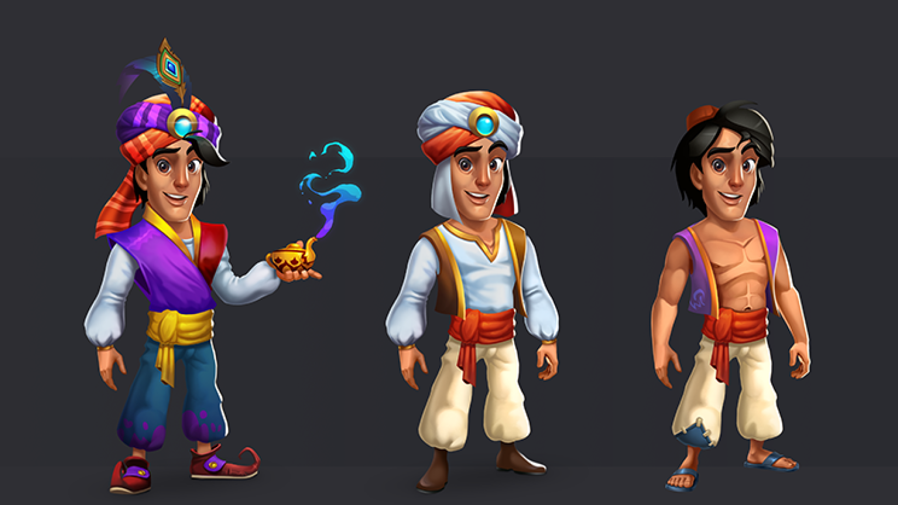 game character design - stylized character design - Aladdin 2D character design in 3 versions